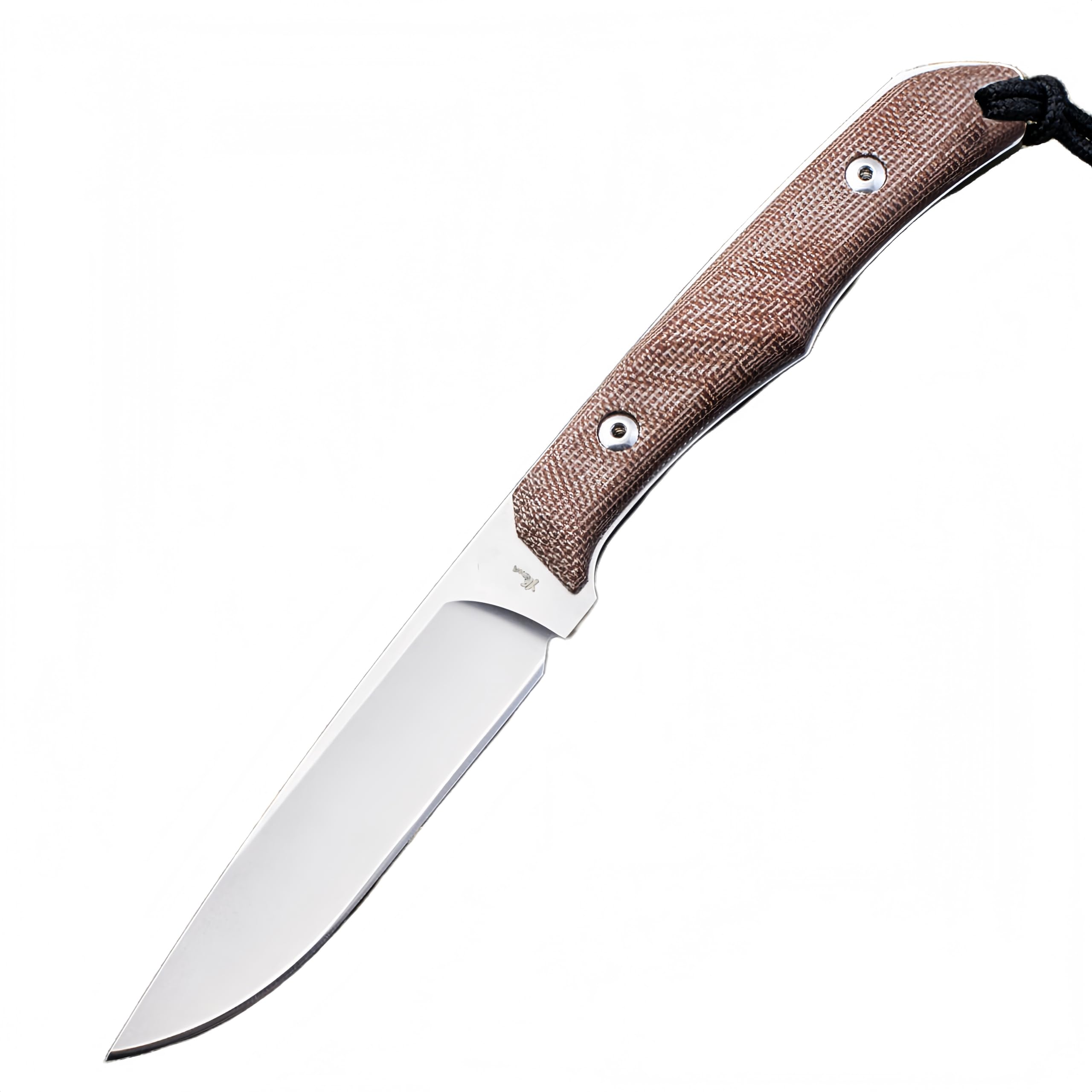 Coltello da caccia a lama fissa leggero con lama a punta cadente stonewashed, impugnatura in tela naturale Micarta, fodero in Kydex, clip da cintura