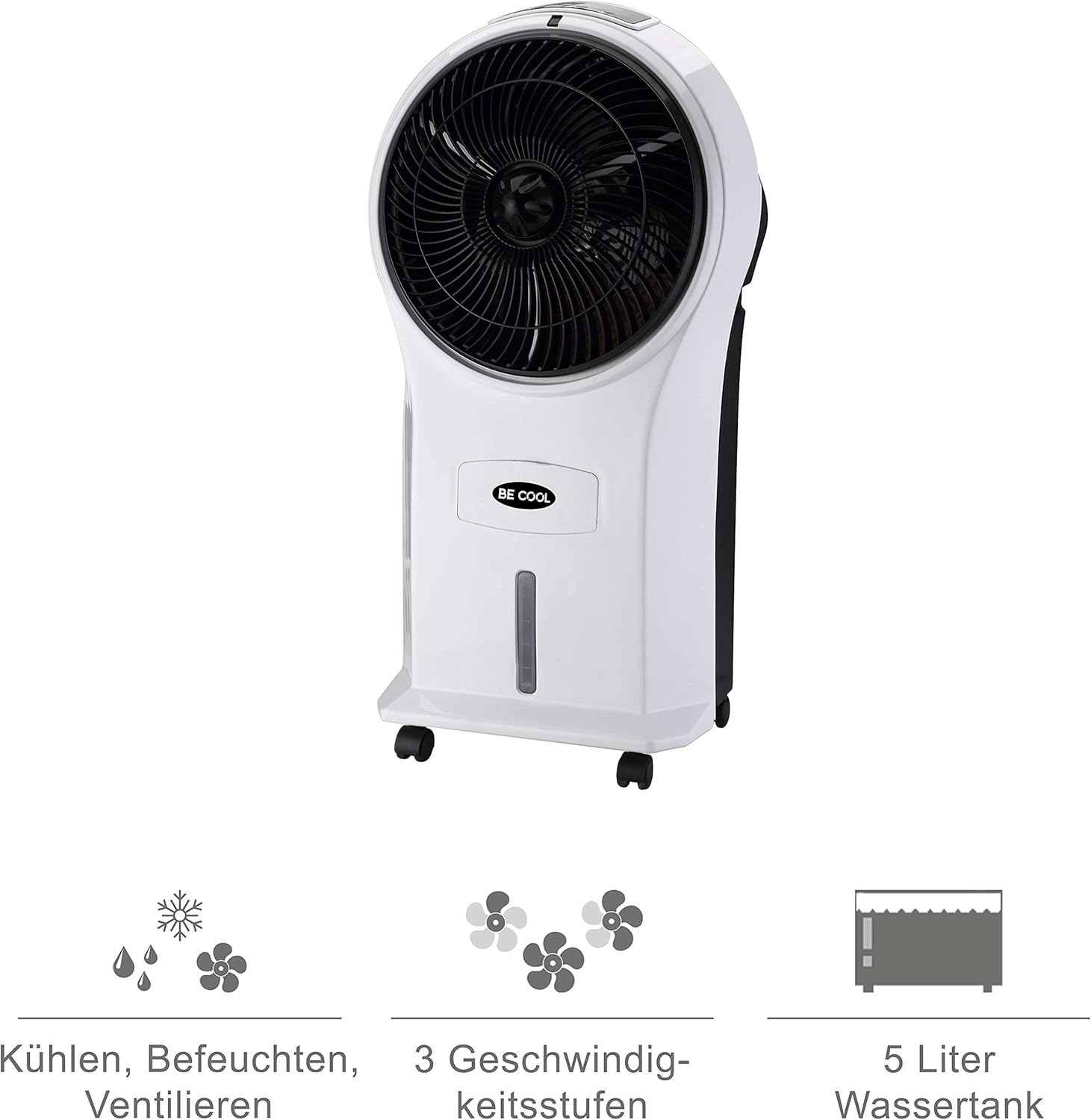 Diagram showing cooling, humidifying, ventilating, 3 speeds, and 5 liter water tank features