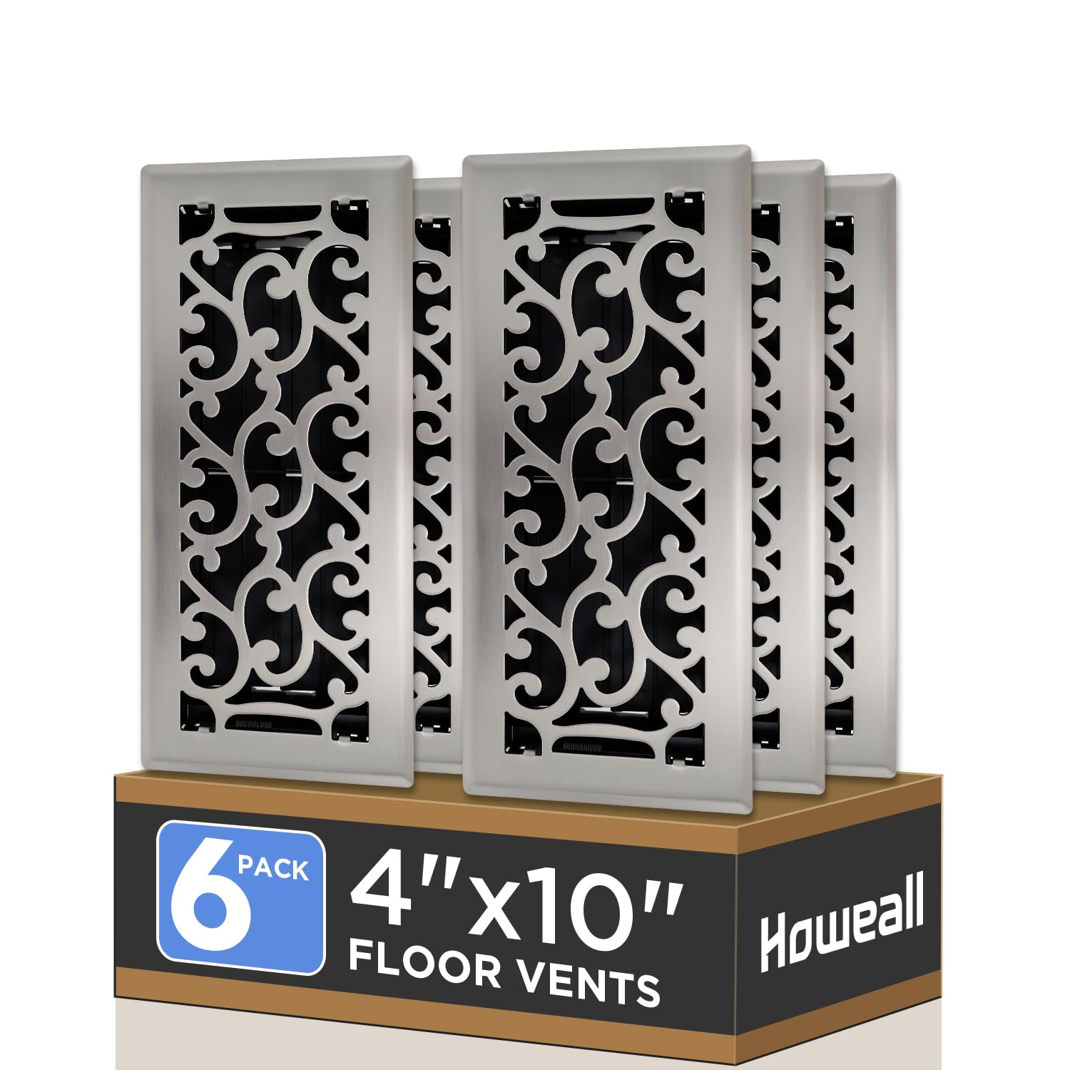 Howeall 4x10 Inches 6 Pack Heavy Duty Walkable Floor Register - Easy Adjust Air Supply Lever Decorative Floor Vent Covers, Savannah Design Vent Covers