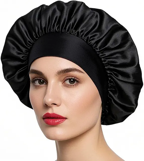 Bonnet de Nuit Satin Noir pour Cheveux Longs et Bouclés - Protection Capillaire