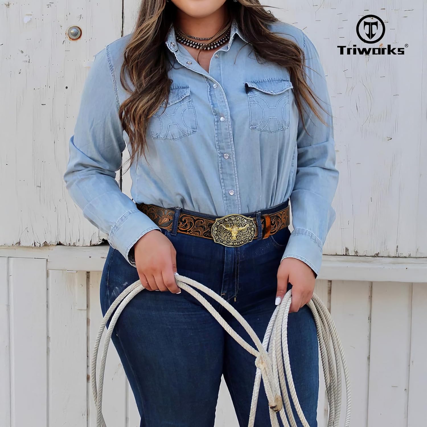 TRIWORKS Men's Western cowboy belt Classic embossed leather belts with Printed Engraved Buckle - Image 4