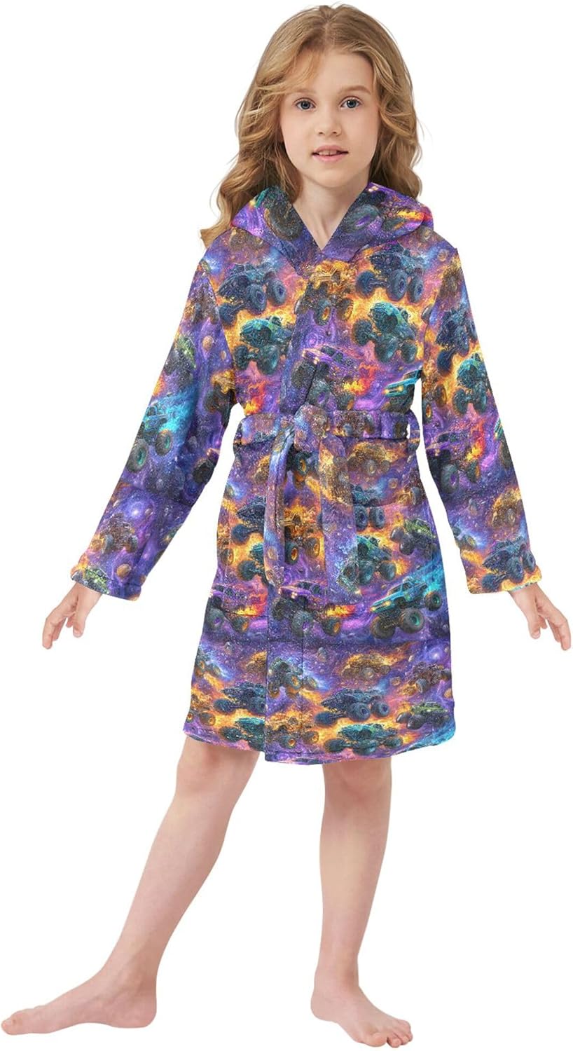 Colorful Monster Truck Cars Galaxy Space Bathrobe Hooded PJ Robe Soft Fleece Robe Sleepwear 2-12 Years