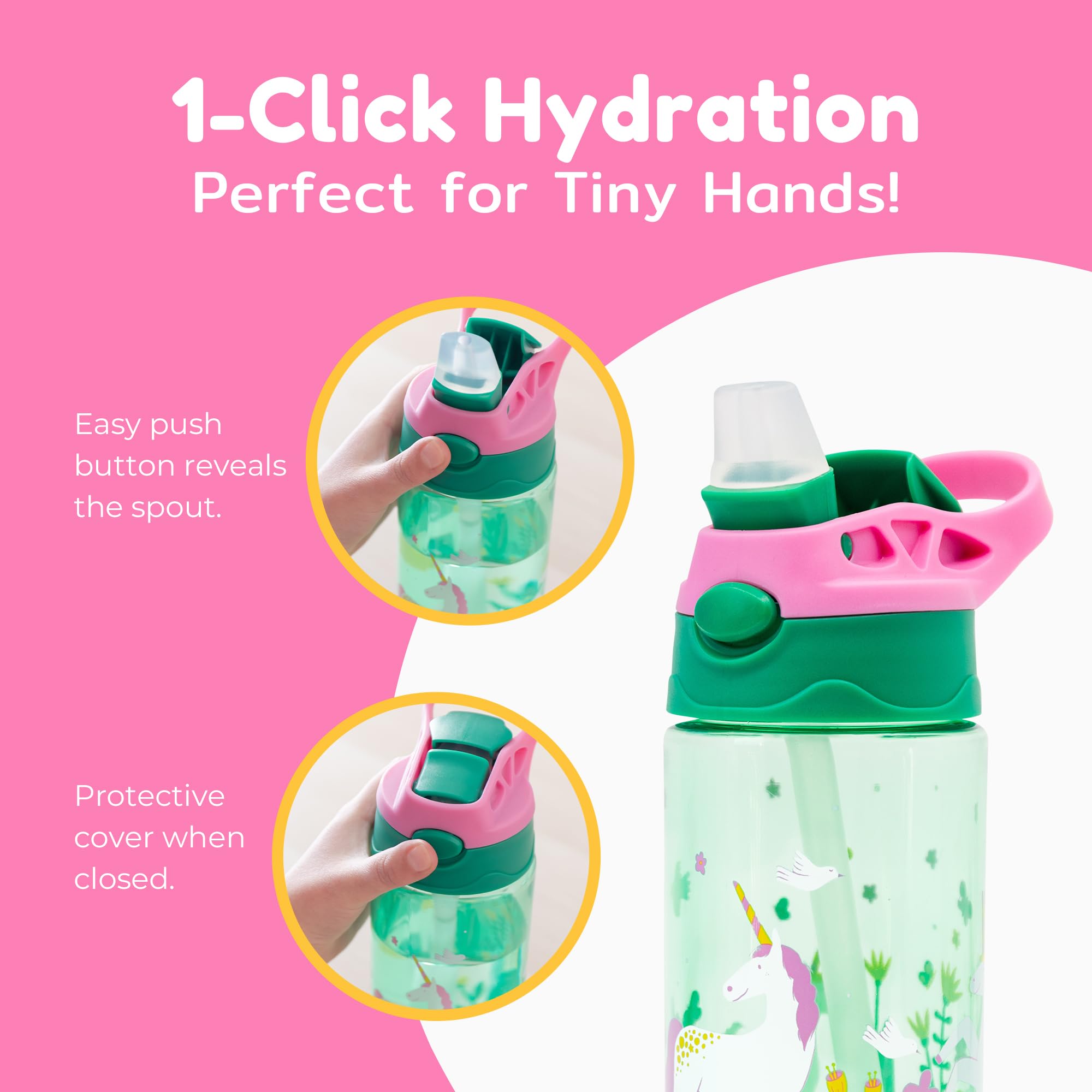 BOZ Flip Water Bottles for Kids 2-Pack - Girls' Mermaid & Unicorn Designs, 14 oz, Push Button Pop-Up Straw, Handwash Recommended, Toddler Leak Proof Water Bottle
