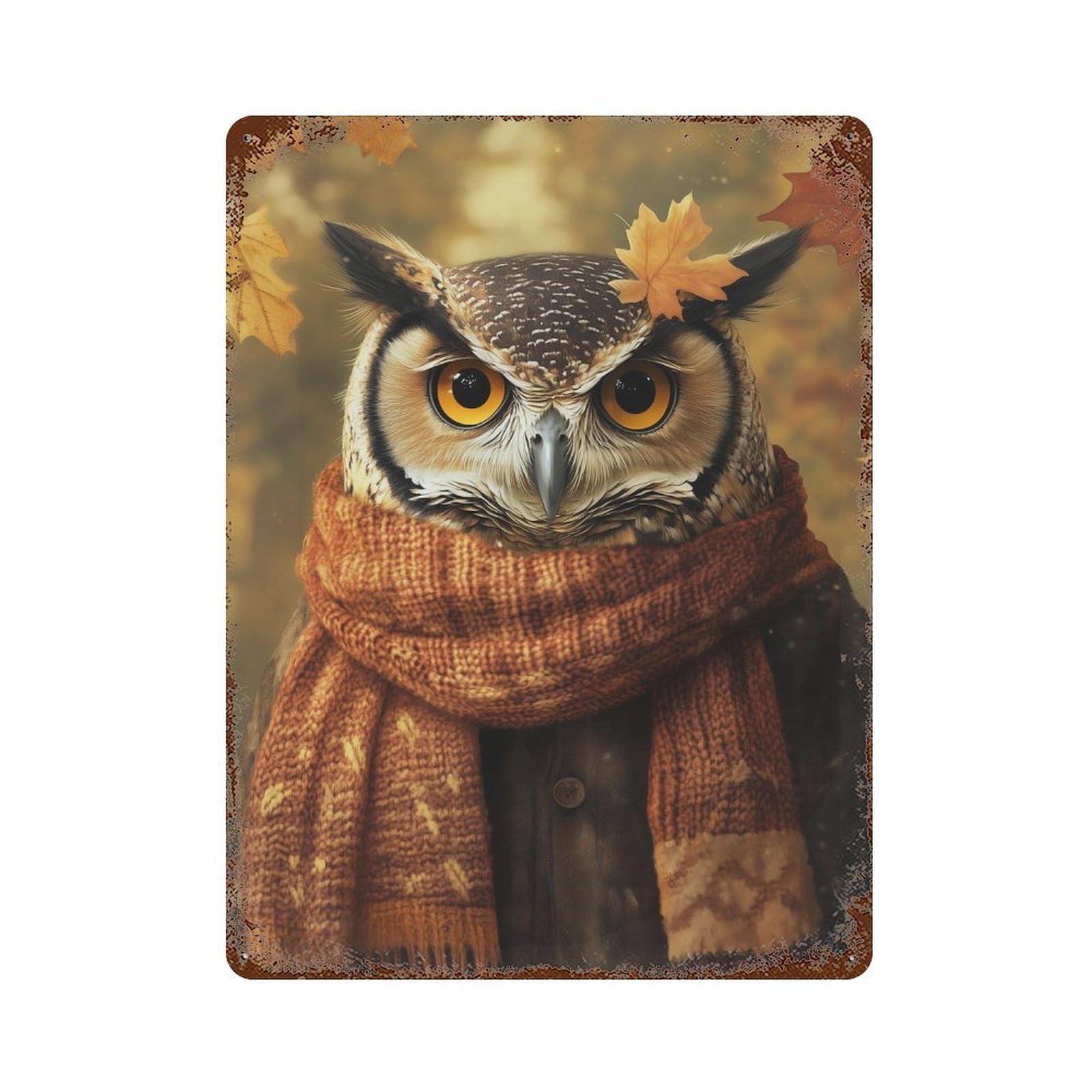 Autumn Owl with Scarf Rustic Tin Plaque 15.7"x11.8", Novelty Wall Decor for Garage, Pub Or Kitchen