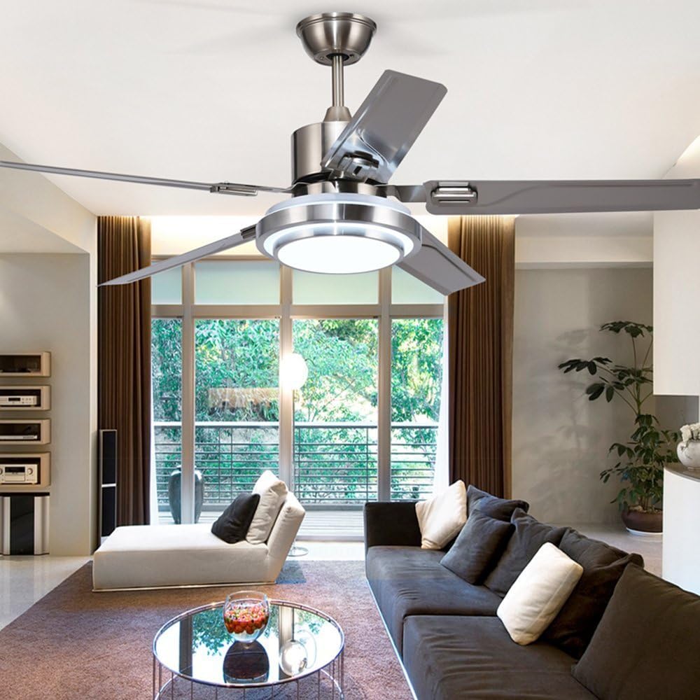 Best Deal Cheap 🛒 Paralight Modern Metal Ceiling Fan With Remote Control, 5 Stainless Steel Silver Blades, Led Dimmable, Reversible Mute Motor For Kitchen/Living Room/Bedroom (48inch)