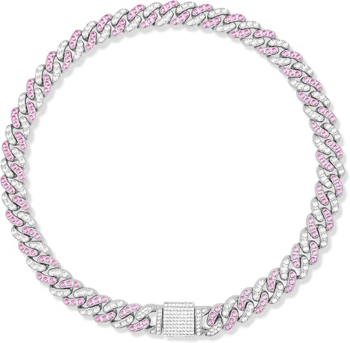 Collar de perro de diamante rosa chapado en plata, cadena de metal de estilo cubano con hebilla segura, collar duradero de lujo para perros y