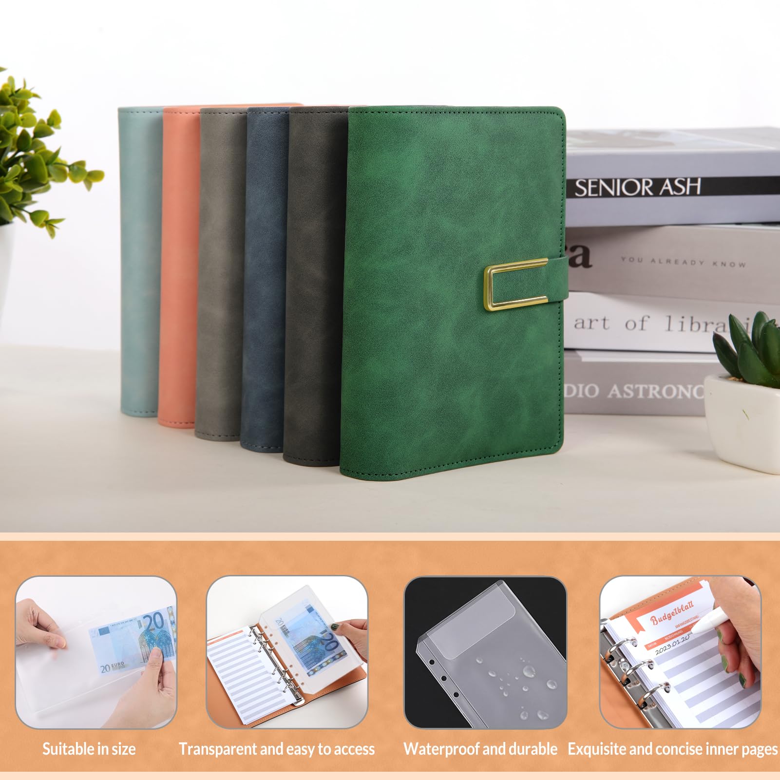 KONVINIT Budgetplanner, A6, budgetmap met 8 geldenveloppen, envelopmethode, 12 budgetvellen, PU-leer, ringband, budgetplanner, geldorganizer, spaarboek met folie voor budgettering, grijs