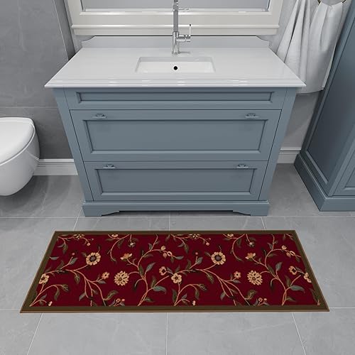 Miniatura 12 de Ottomanson Ottohome Collection - Alfombra antideslizante de goma con diseño de hojas florales de 2 x 5 pulgadas, 20 x 59 pulgadas, color rojo