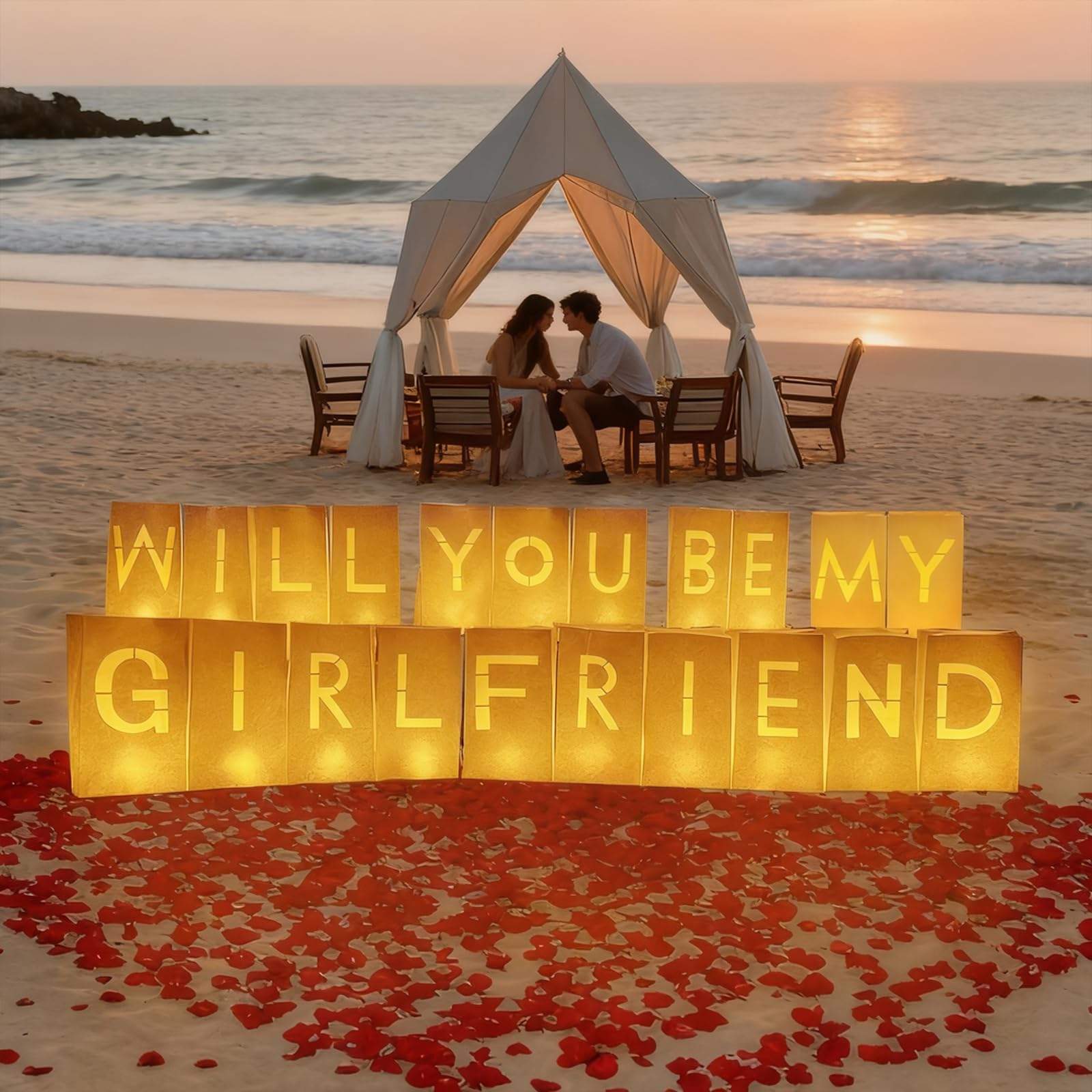 Dekoracje z napisem "Will You Be My Girlfriend" – zestaw niespodzianek z świecącymi literami, 30 świecami na podgrzewacze, 2000 płatków róż, 10 balonów – torebki świetlne do romantycznej aranżacji (W)