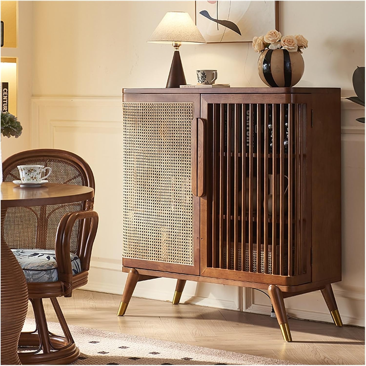 Buffet Cabinet Solid Wood Rattan Sideboard Living Room Storage Cabinet Entryway Against the Wall Three Tier Pantry Kitchen Cabinet