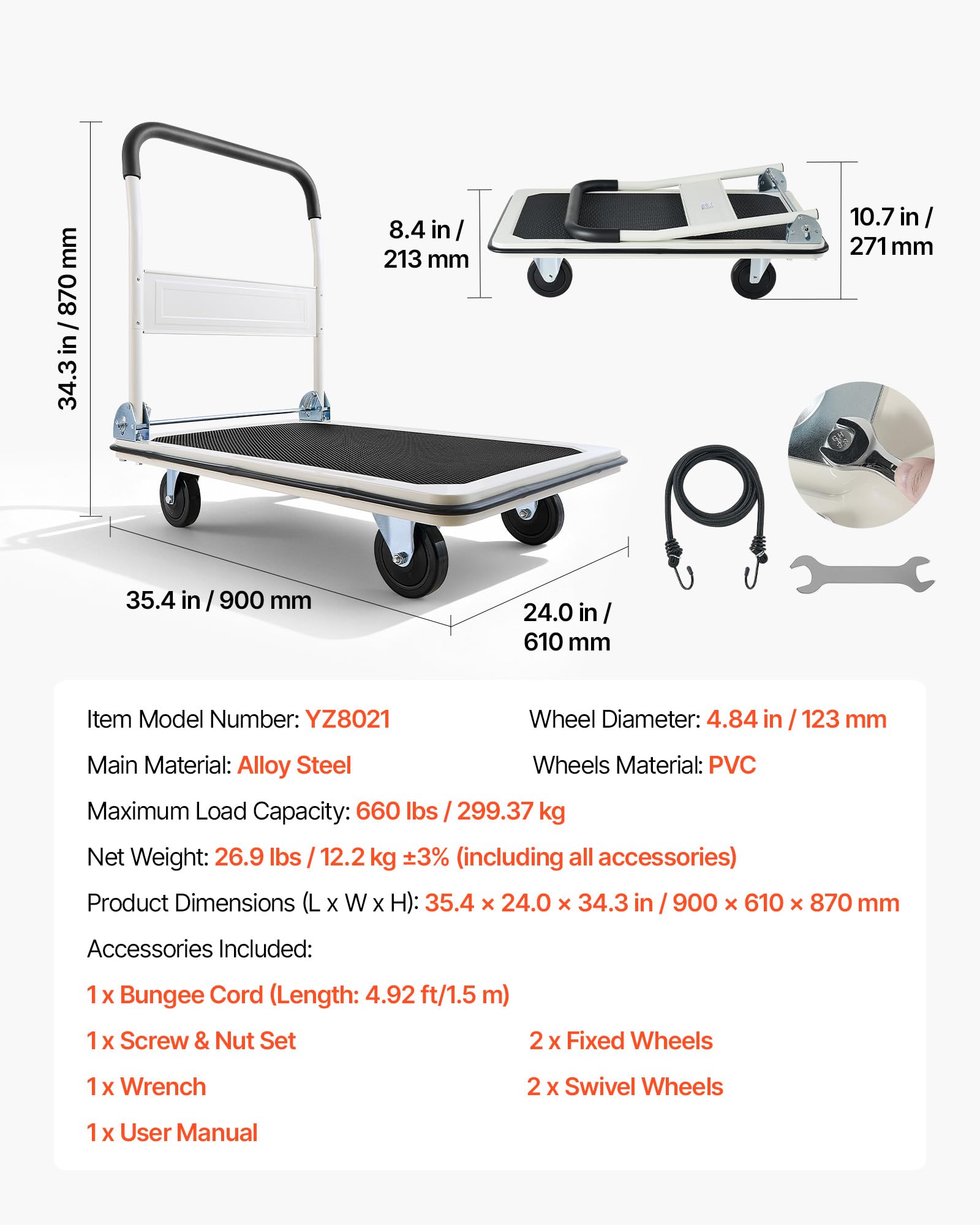 VEVOR Carro Plataforma Plegable 900 x 610 mm, Carretilla de Transporte Carga de 299,37 kg, Carrito Portaequipajes con Plataforma con Ruedas de PVC de 123 mm, para Tareas Domésticas, Almacén, Mudanza