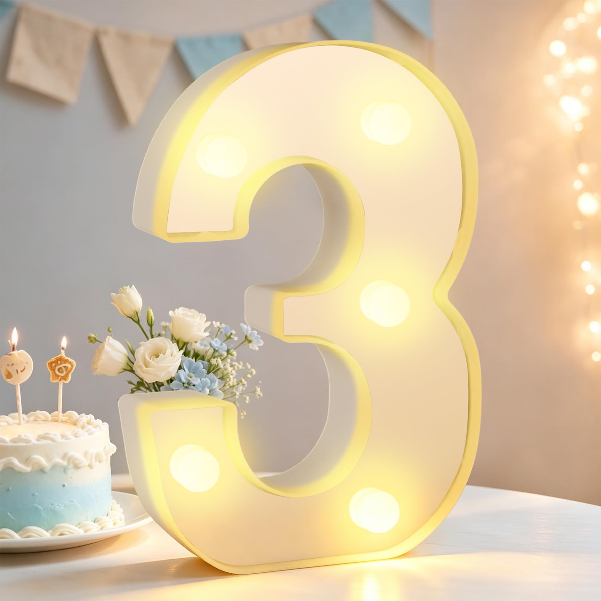 Light up Number 3, Marquee Numbers Sign, 6.3in Warm LED Number Lights for Party Birthday Decor (Number 3)