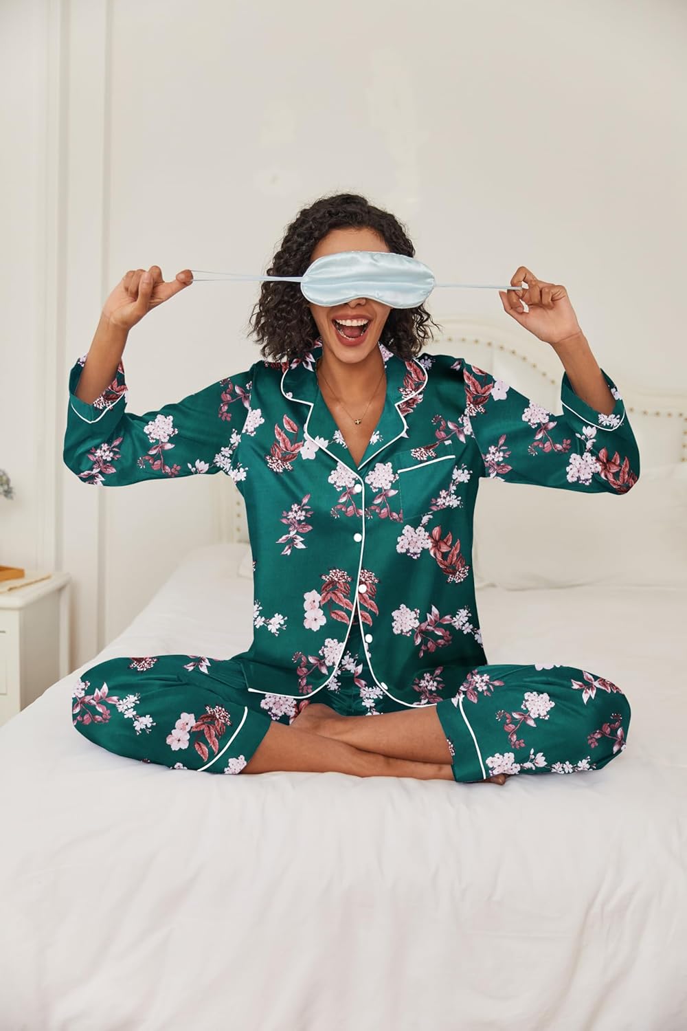 Ekouaer Women's Classic Button Down Long Satin Silk Pajama Set - Image 4