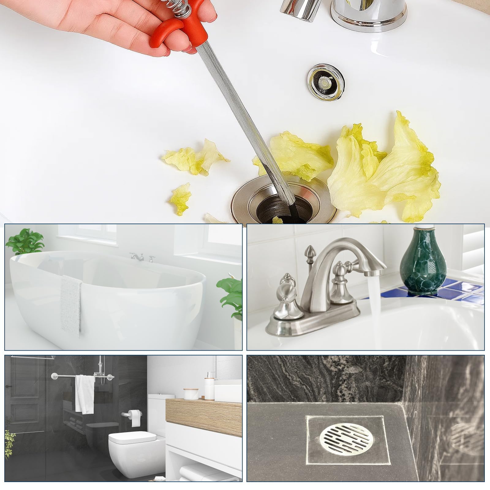 Juego de 5 espirales para limpieza de tuberías, 10 m, manivela de mano con guantes, gancho limpiador de tuberías, bolsa de almacenamiento, desatascador de desagües para cocina, baño, ducha, lavabo
