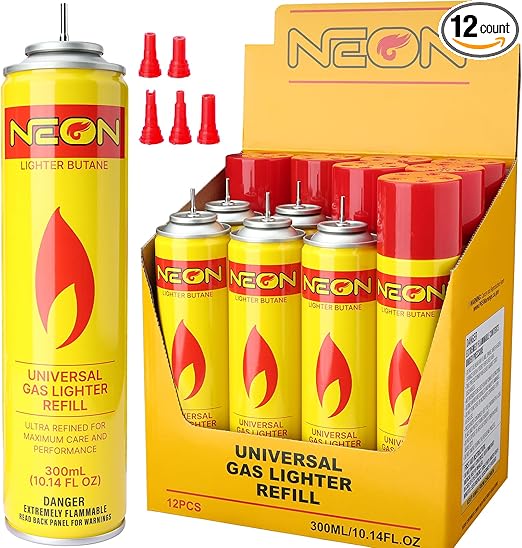 NEON Butane Fuel Refill, 300ml Ultra Refined Lighter Fluid, Premium 99.999% Pure Butane Gas with Metal Nozzle and 5 Butane Adapter Tips for Torch Lighter, Kitchen Torches, Refillable Lighters