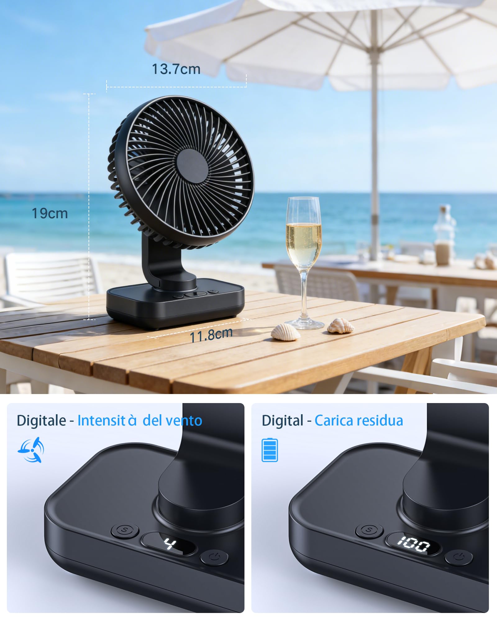 Ventilatore da Tavolo Ultra-Silenzioso, Batteria 4500 mAh Ricaricabile USB, 4 Livelli di Velocità, Oscillazione 120° e Inclinazione Testa 90° Regolabile, Ventilatore Portatile da Scrivania