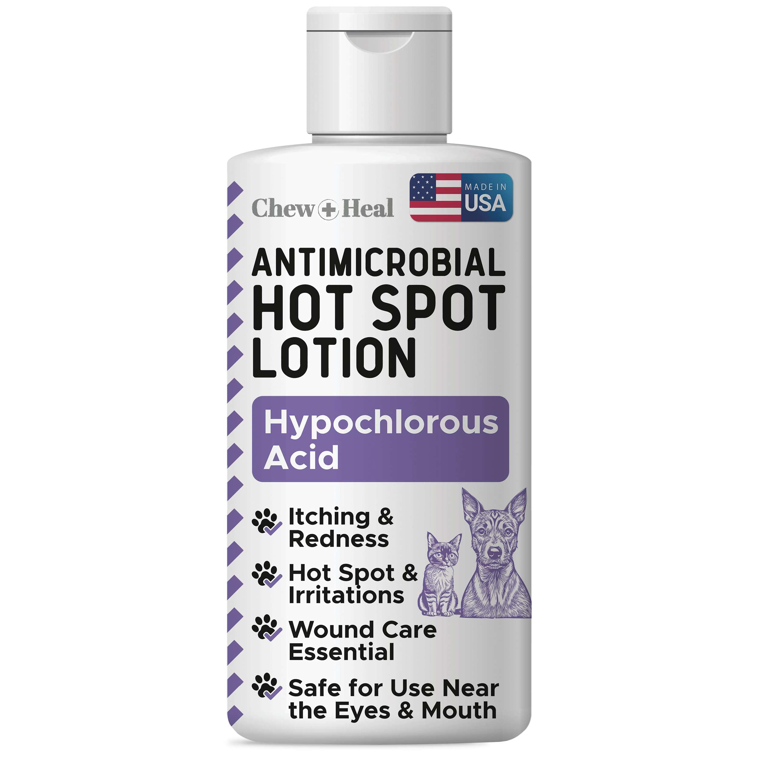 chew + heal labs hypochlorous acid lotion for dogs – 2oz dog wound spray for cuts, burns, sores, abrasions, and more – non toxic and chemical free hot spot lotion – made in the usa