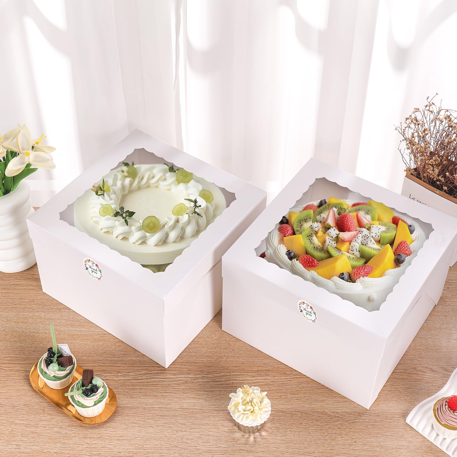 PFAMKEER 6-Pack 12x12x8 Inch Cake Boxes With Window - Includes Cake Boards & Ribbon, White Bakery Packaging - View #7