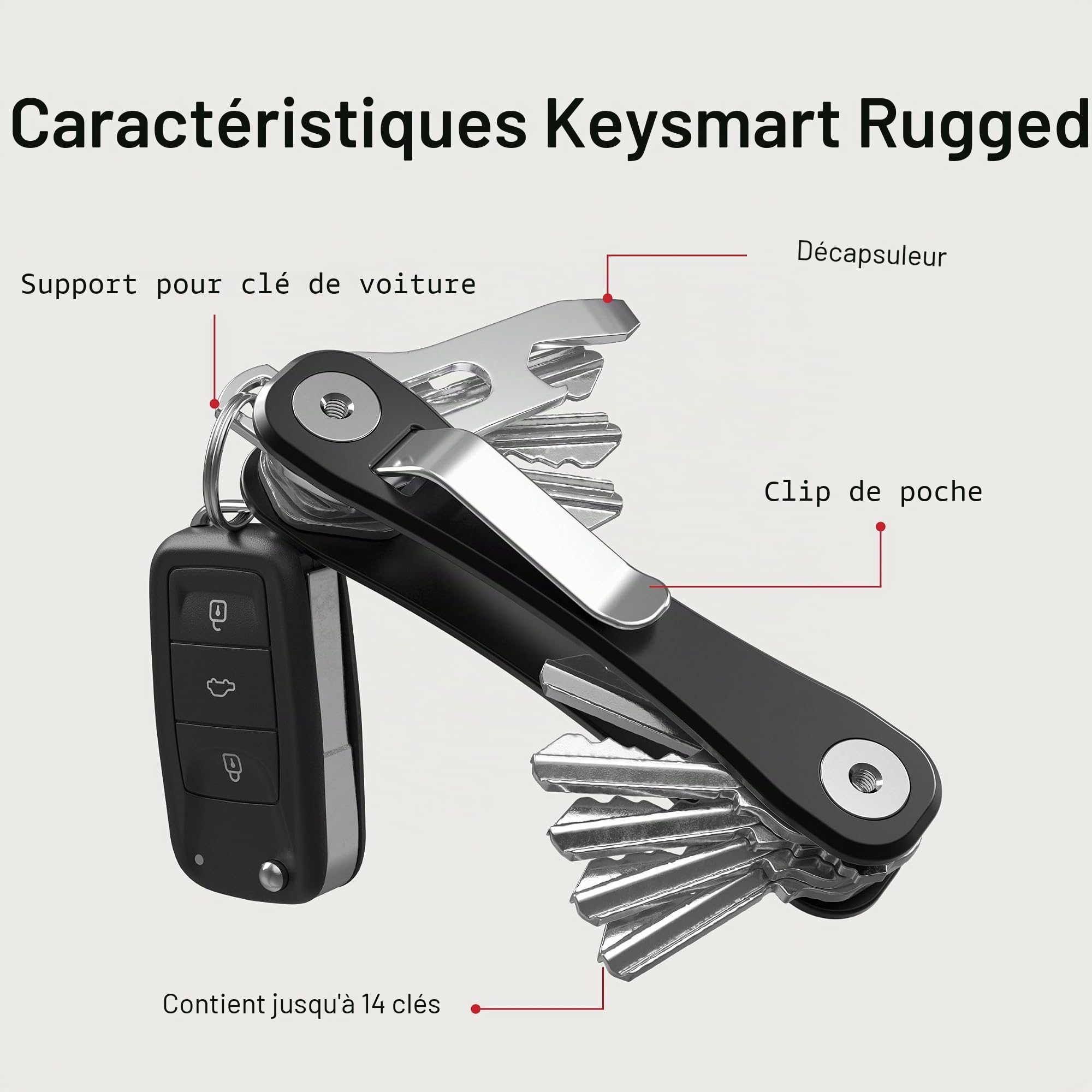 KeySmart Rugged Porte-clés multifonctionnel organisateur de clés jusqu'à 14 clés avec décapsuleur et clip de poche