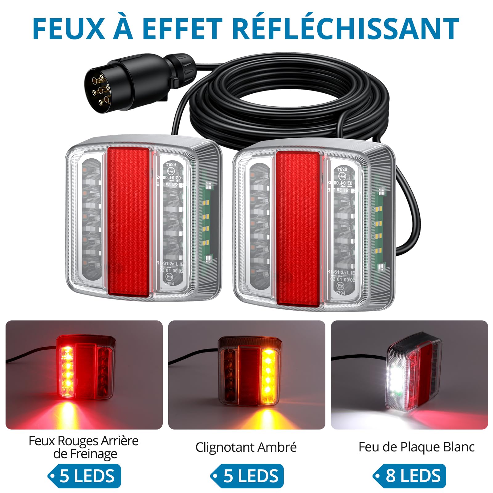 AUTOUTLET Feux Arrière Remorque Feux de Remorque Montage à Vis Câble de 7,5m 7 Broches 18 LEDs Super Claires avec E Mark E11 pour La Circulation Routière pour Camping-Car Camion Poids Lourd Tracteur
