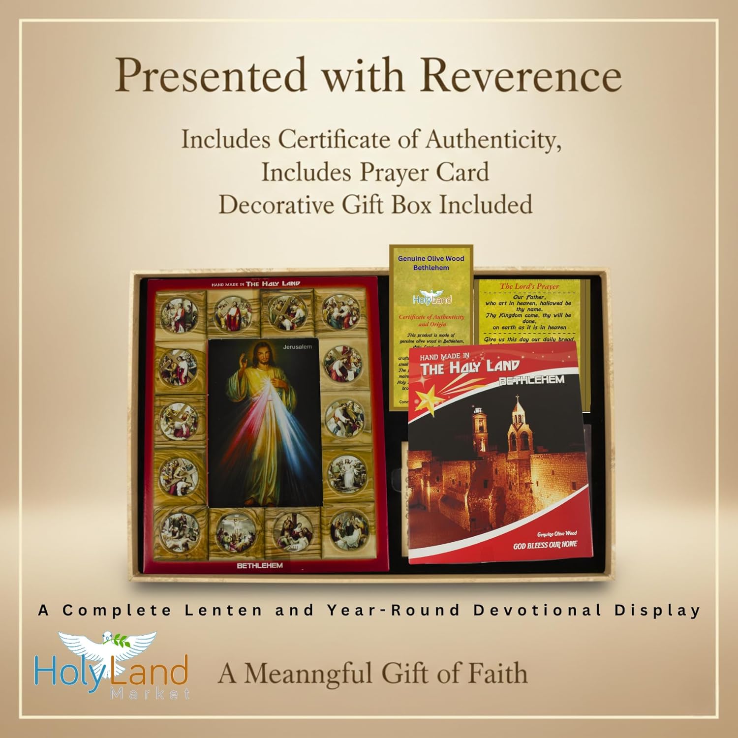 Holy Land Market Stations of the Cross Plaque – Divine Mercy Center – Handcrafted Bethlehem Olive Wood Wall Icon (11.5 x 9.5 Inches) – Christian Catholic Devotional Art from the Holy Land