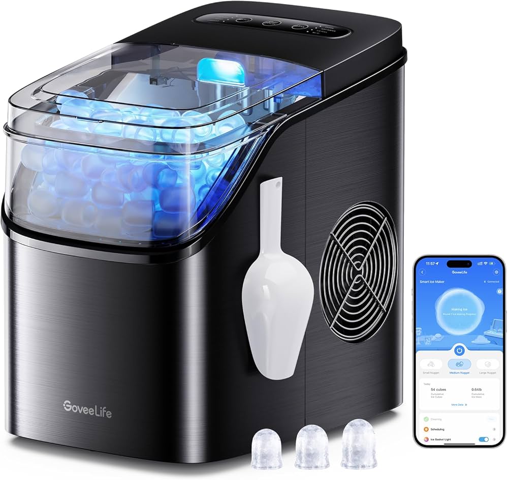 GoveeLife Smart Ice Maker Countertop, Portable Ice Machine with Voice Control, 9 Ice Cubes in 6 Minutes 3 Sizes, 26lbs/24Hrs, Self Cleaning RGB Lights, Quiet Ice Maker with Scoop for Kitchen Black