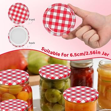 UPKOCH 40 Pcs Jam Jar Lids 72mm, Red Gingham Metal Twist Off Replacement Caps