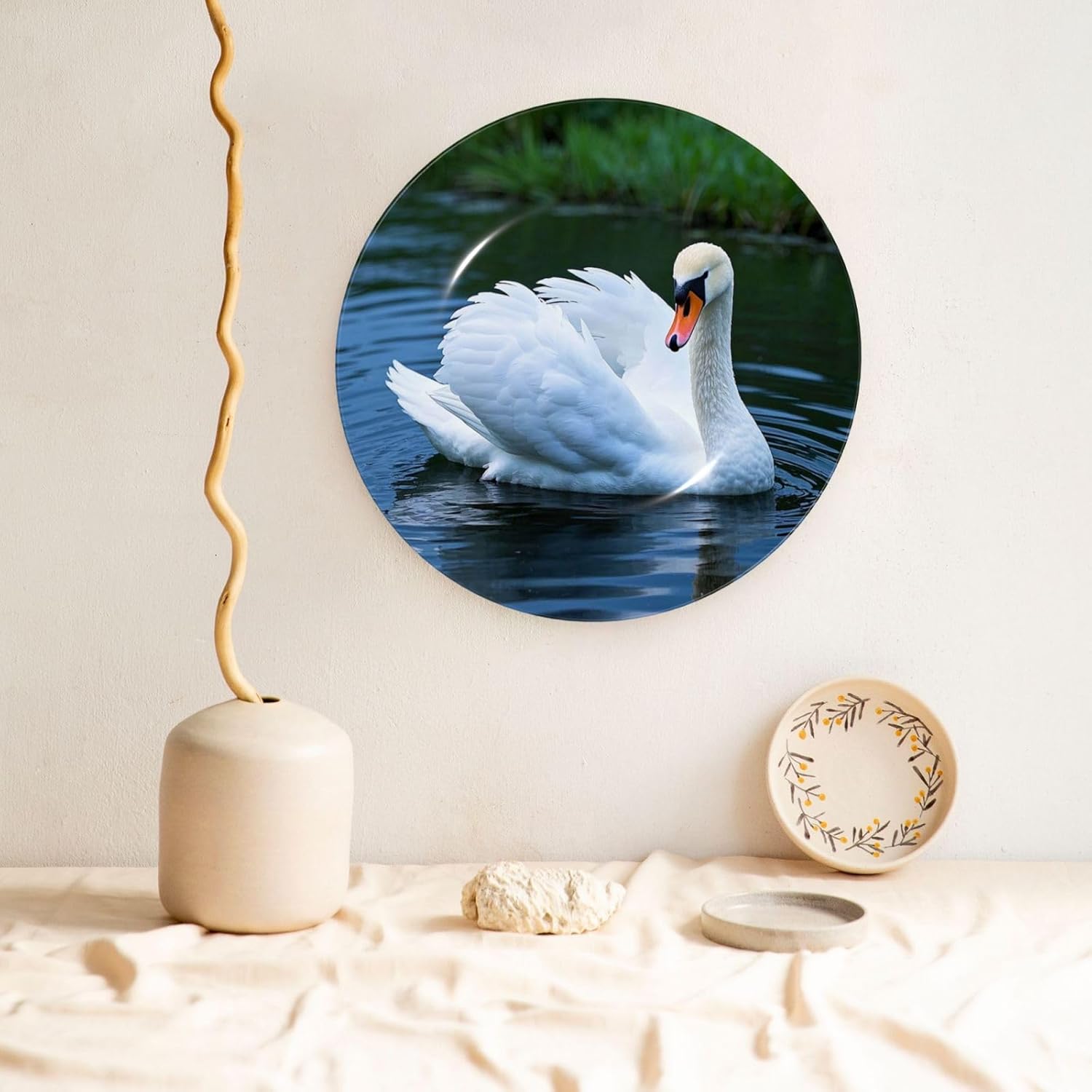 Bone China Decorative Plate with Display White Swan Ceramic Plates Crafts Art Decor Dessert Plate Ceramic Ornament Porcelain Plates for Living Room Kitchen Table Home Decor