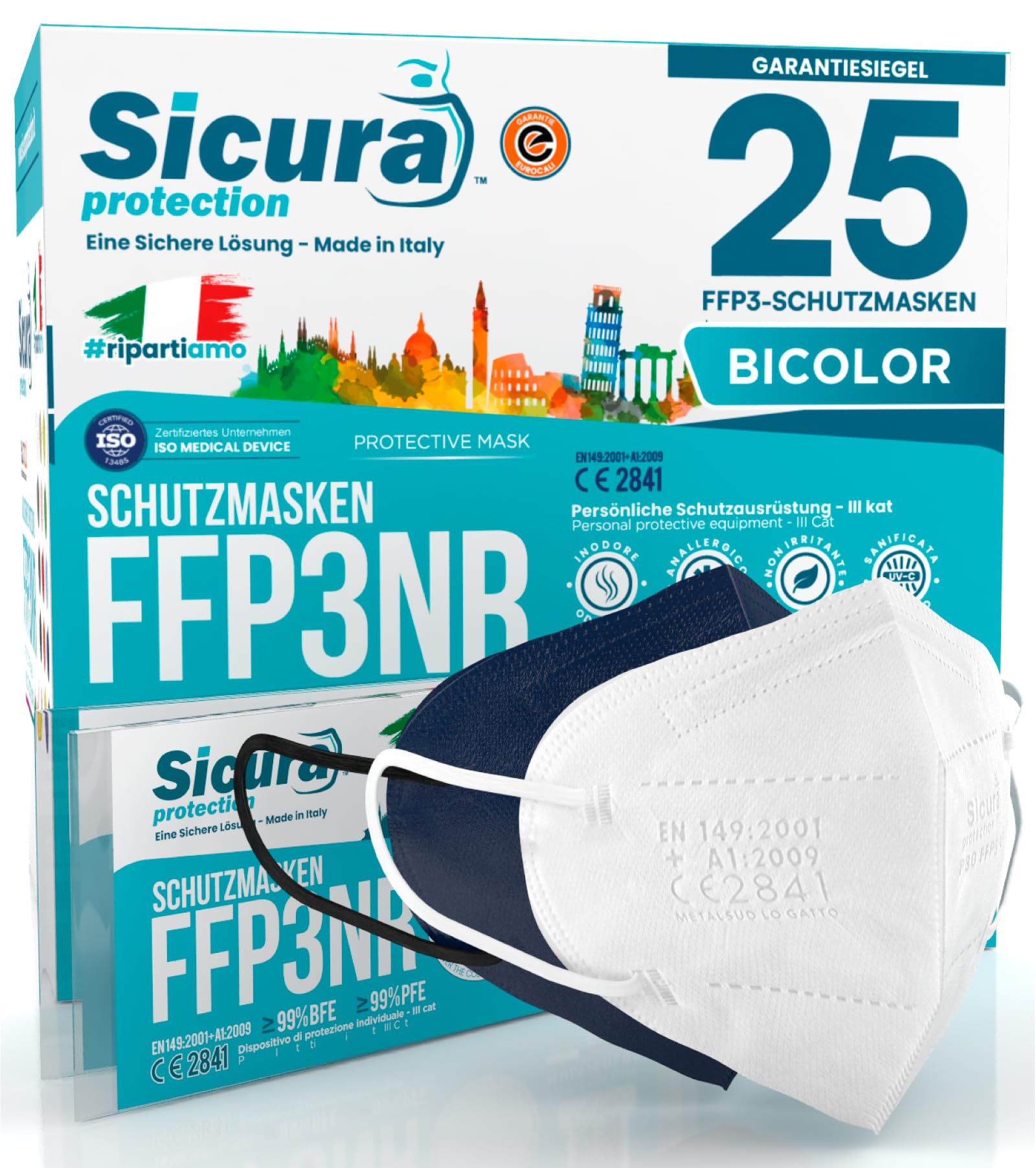 25 FFP3 Masken bunt Blau und Weiß CE zertifiziert Made in Italy BFE ≥99% PFE ≥99% Logoaufdruck SICURA Italienisch sanitisiert und einzeln versiegelt ffp3 Maske 12 Weiß + 13 Blau