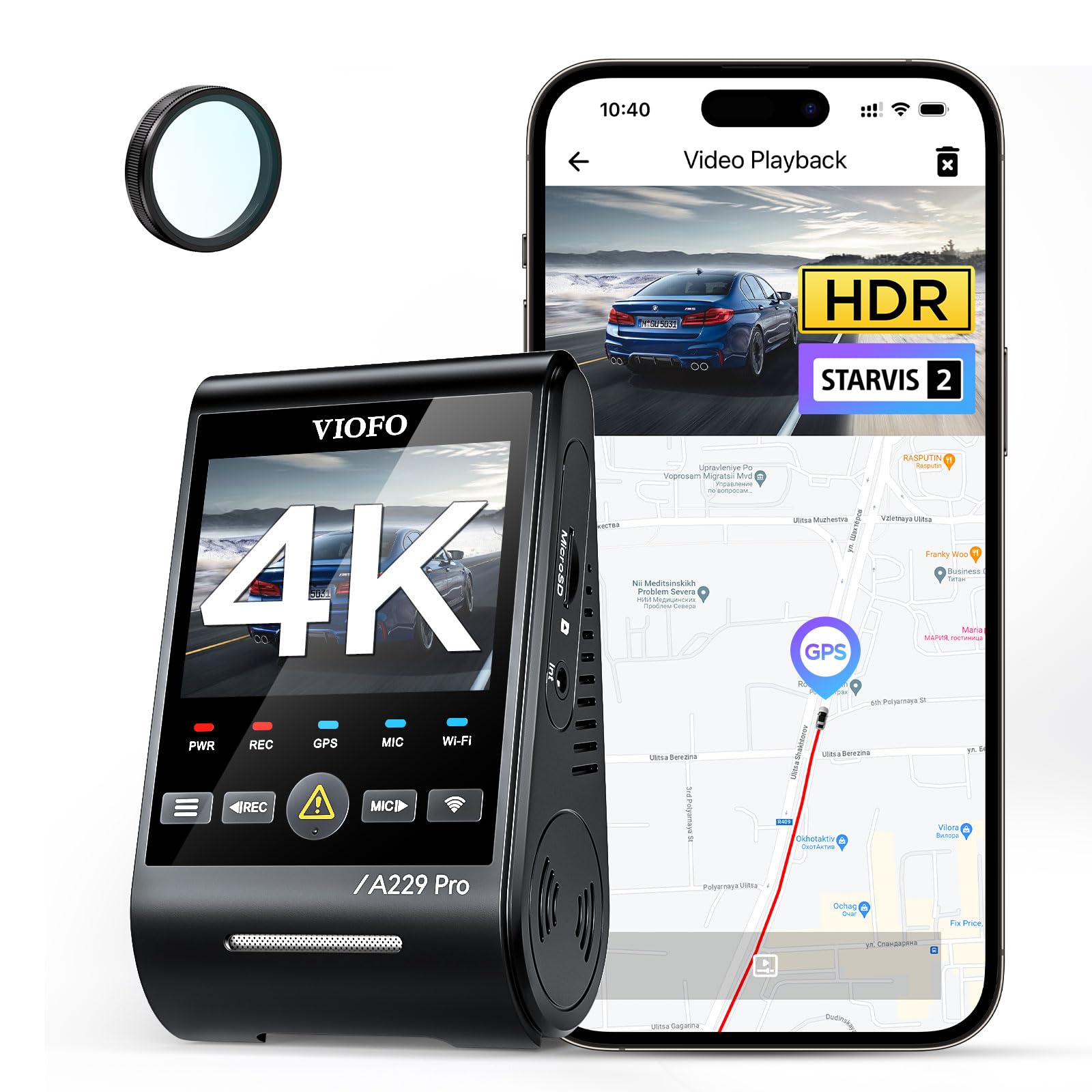 VIOFO A229 Pro 1CH 4K STARVIS 2, HDR Dashcam anteriore per auto, controllo vocale e 5GHz Wi-Fi WLAN fotocamera per auto, GPS ultra preciso con filtro CPL, Super visione notturna 2.0, audio vocale