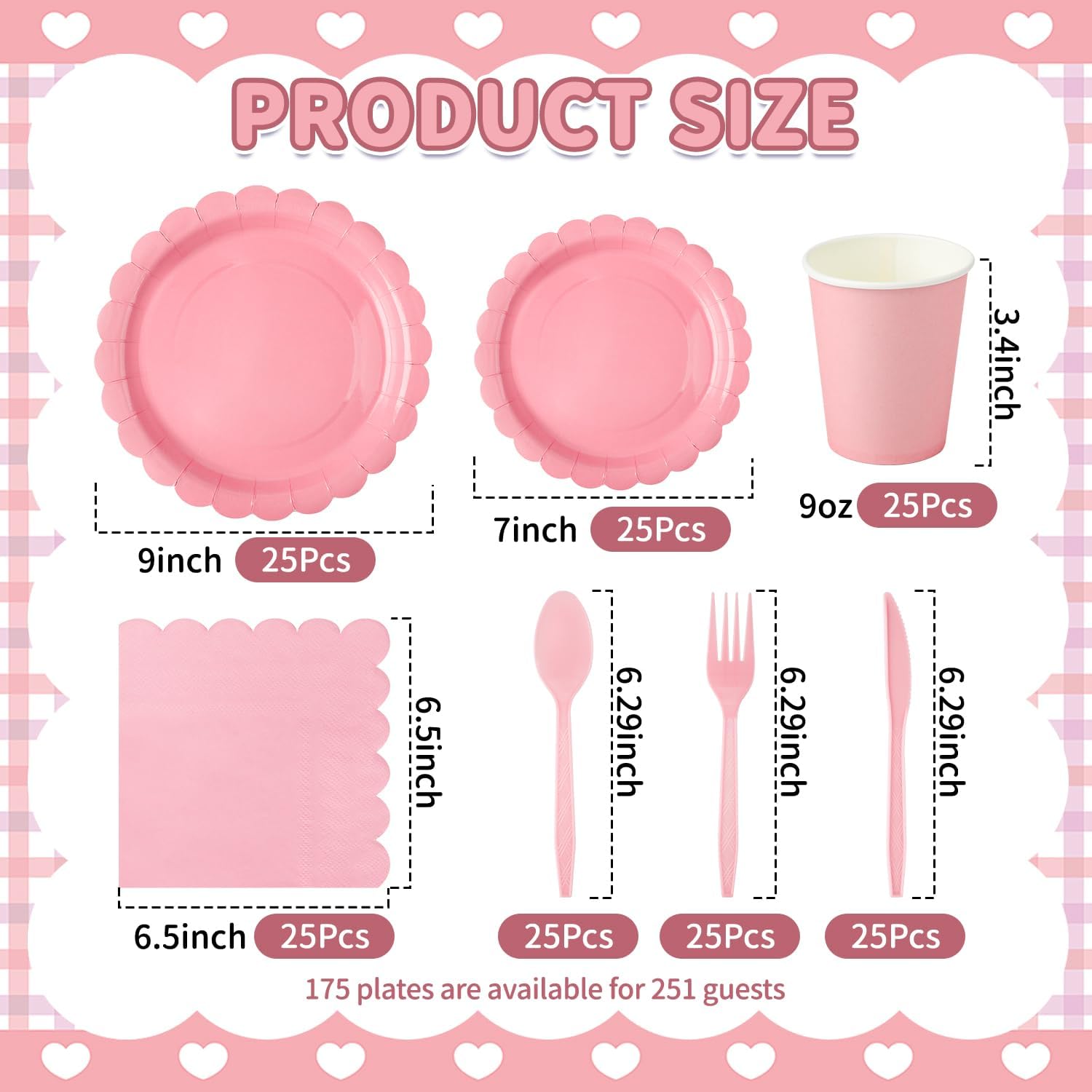 175 Pcs Pink Disposable Dinnerware Set Serve 25 Guests, Pink Birthday Party Supplies Includes Disposable Paper Plates Cups Napkins Plastic Cutlery for Baby Shower, Wedding, Easter Brunch - Image 2