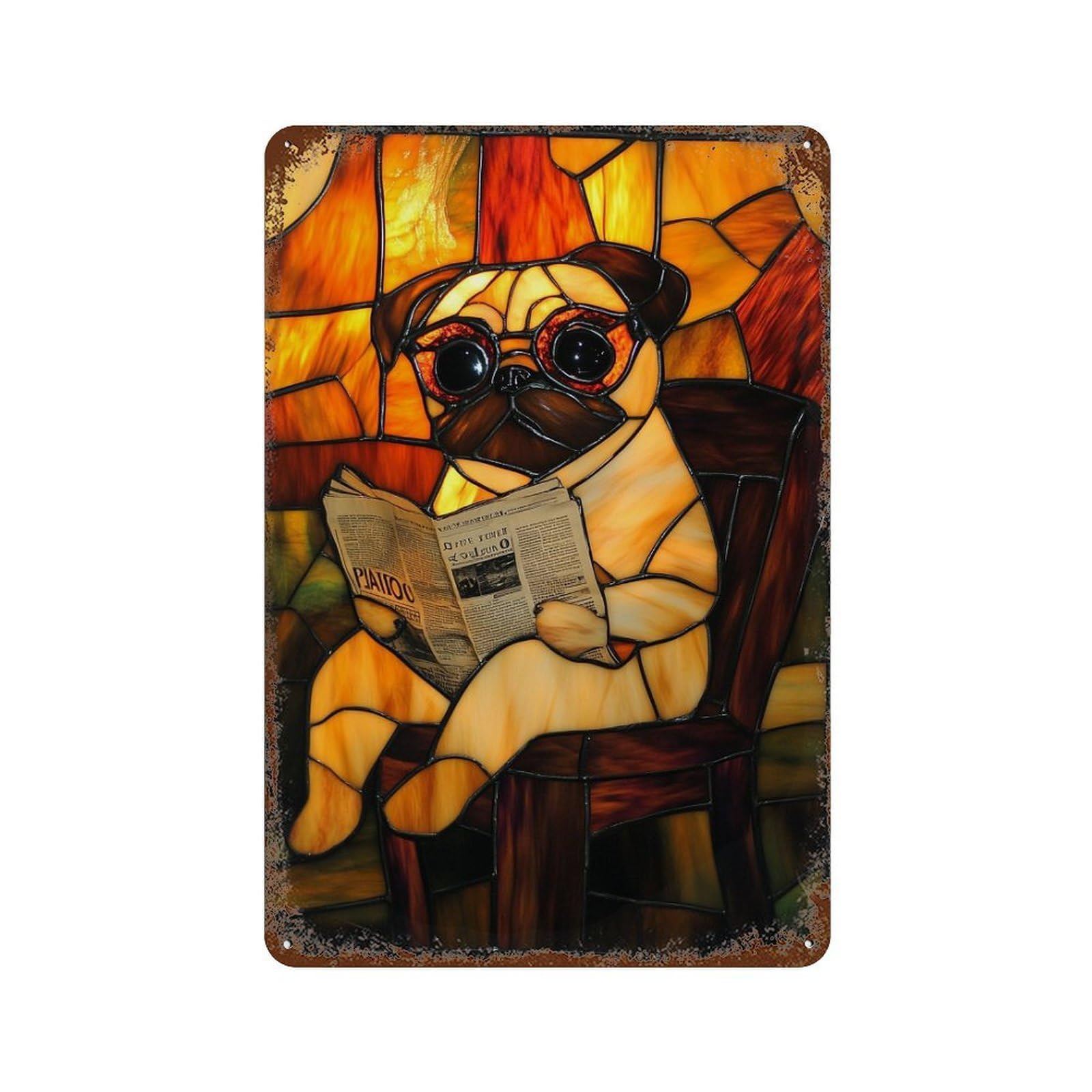 Garage Style Stained Glass Pug Reading Rust Effect Tin Sign 11.8"x7.9", Rustic Home Decor for Bar And Workshop