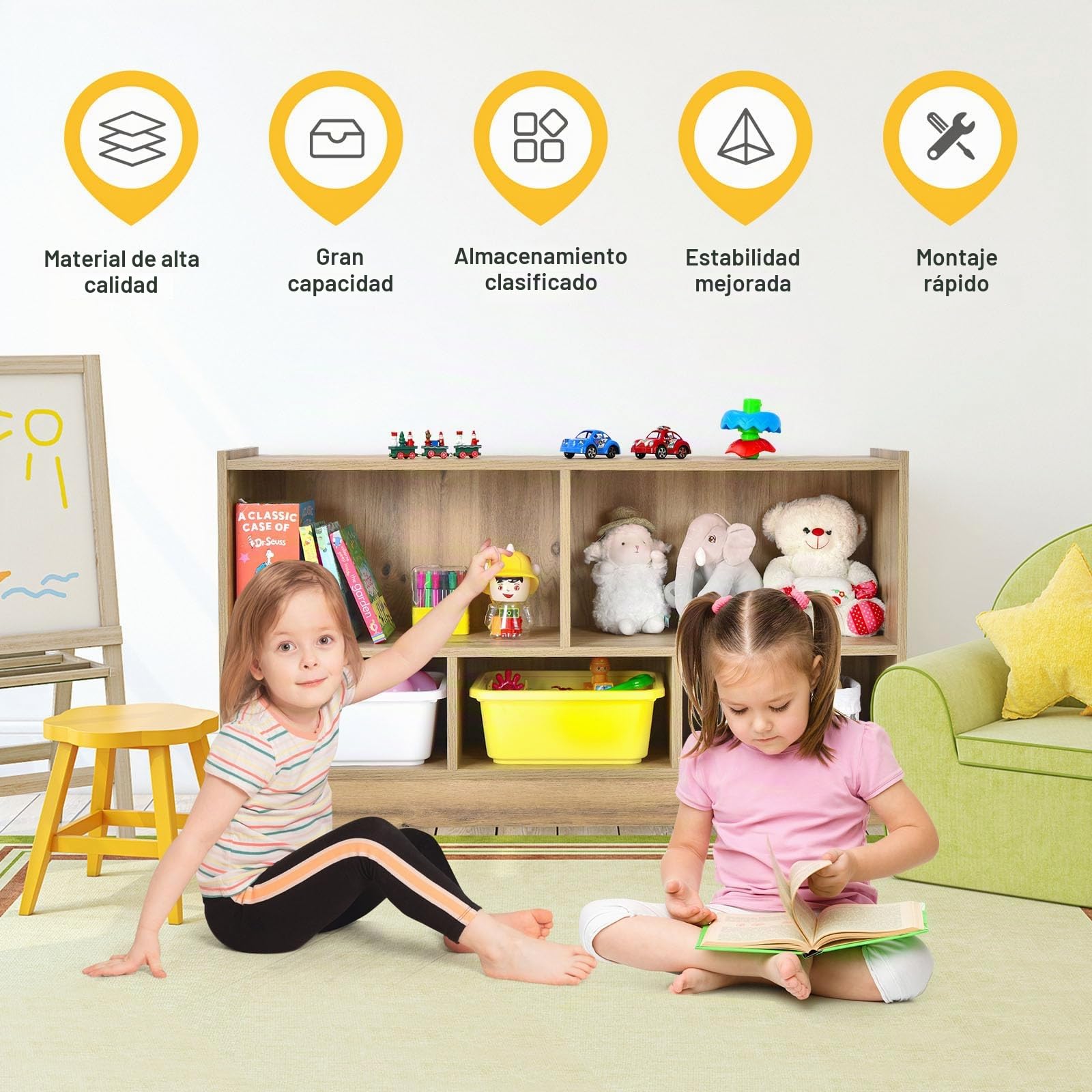 HOMASIS Armario de juguetes de 2 niveles con 5 compartimentos, estantería infantil de madera, estantería abierta, estantería de almacenamiento para juguetes, para habitación infantil, sala de juegos