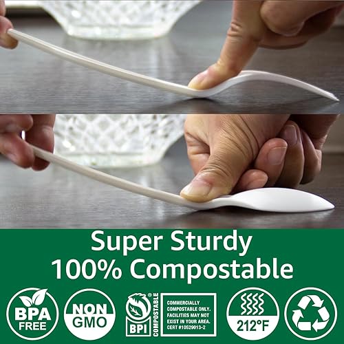 Miniatura 2 de Paquete de 300 tenedores 100% compostables, cucharas compostables, sin utensilios de plástico, los cubiertos pesados y resistentes son productos