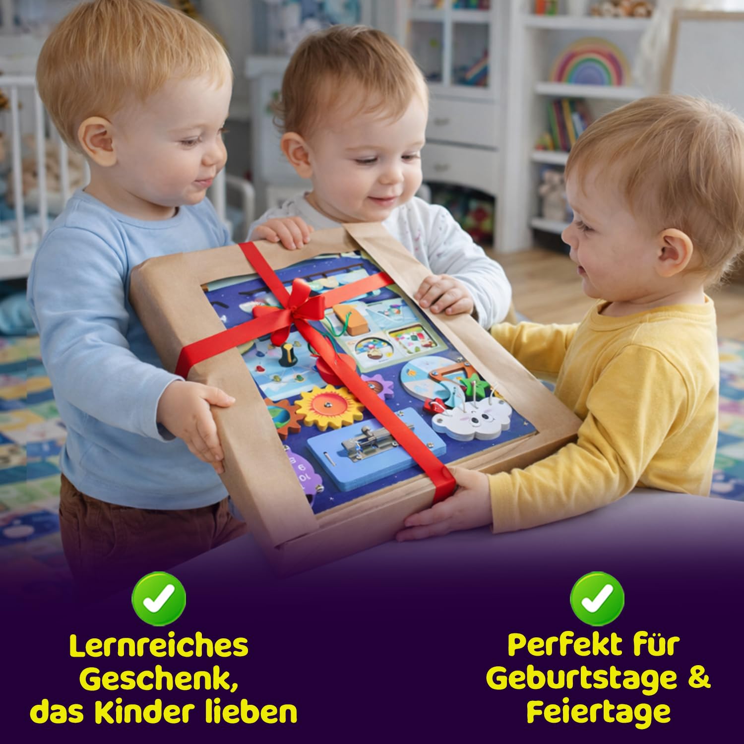 Busy Board für Kleinkinder | Montessori Spielzeug Weltraum Holz | Sensorik Motorikbrett mit LED Licht & Schaltern | Lernspielzeug zur Förderung der Feinmotorik | Jungen & Mädchen Geschenk, Blau