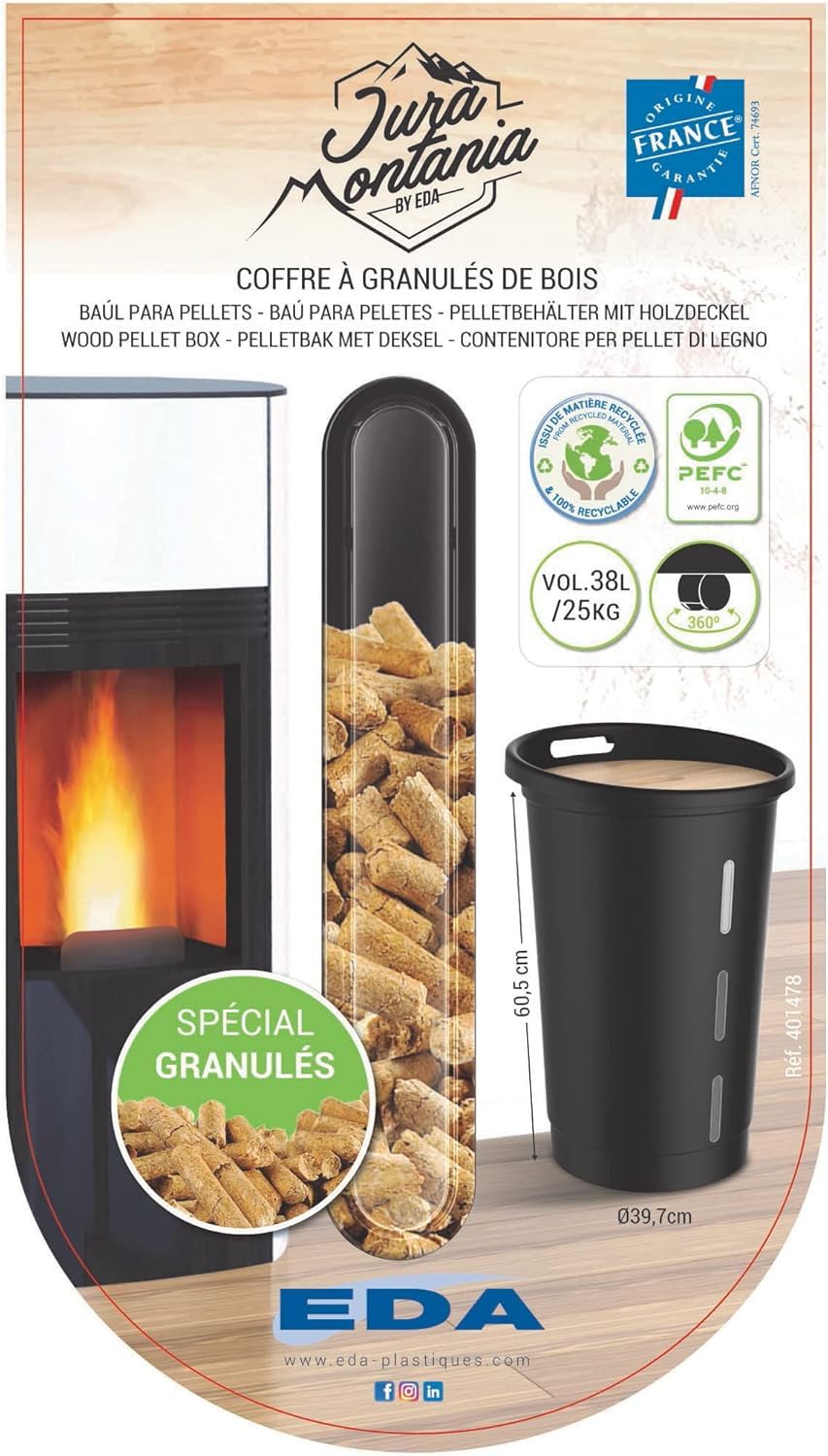 EDA - Baule per pellet Jura Montania con ruote 38 L - per 25 kg di pellets - nero, 010478 NO, Ø 39,7 x 60,5 cm