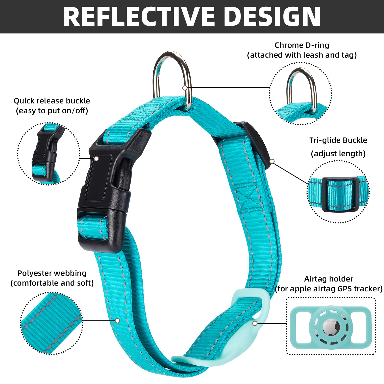 Collar reflectante AirTag para perro, compatible con Apple AirTag, collar de nailon para mascotas, gatos y cachorros con soporte de silicona para AirTag para perros pequeños, medianos, grandes