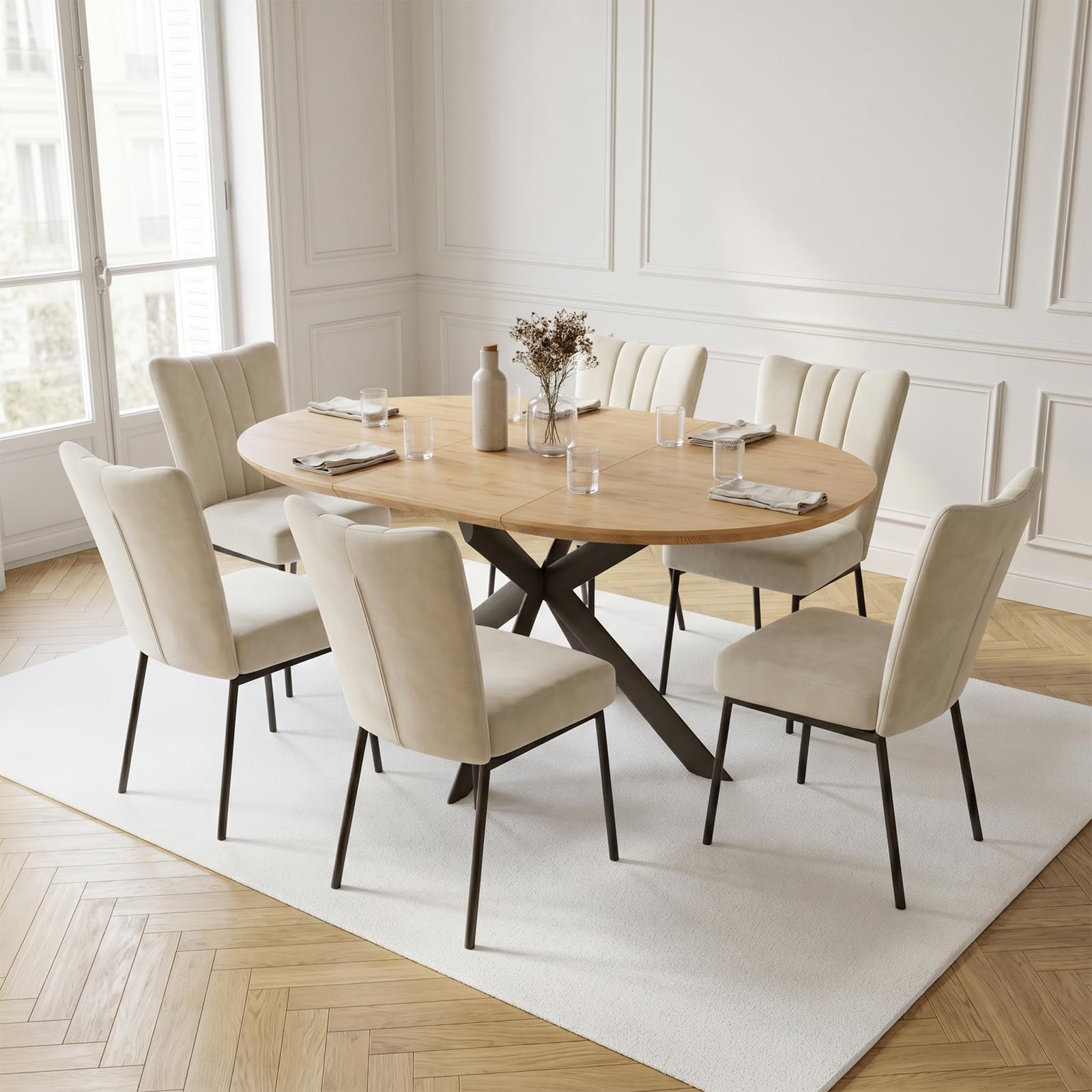 JIEXI Set tavolo da pranzo rotondo allungabile 110 x 150 cm, finitura rovere, piano rotondo in MDF, stile moderno e contemporaneo, per sala da pranzo e cucina