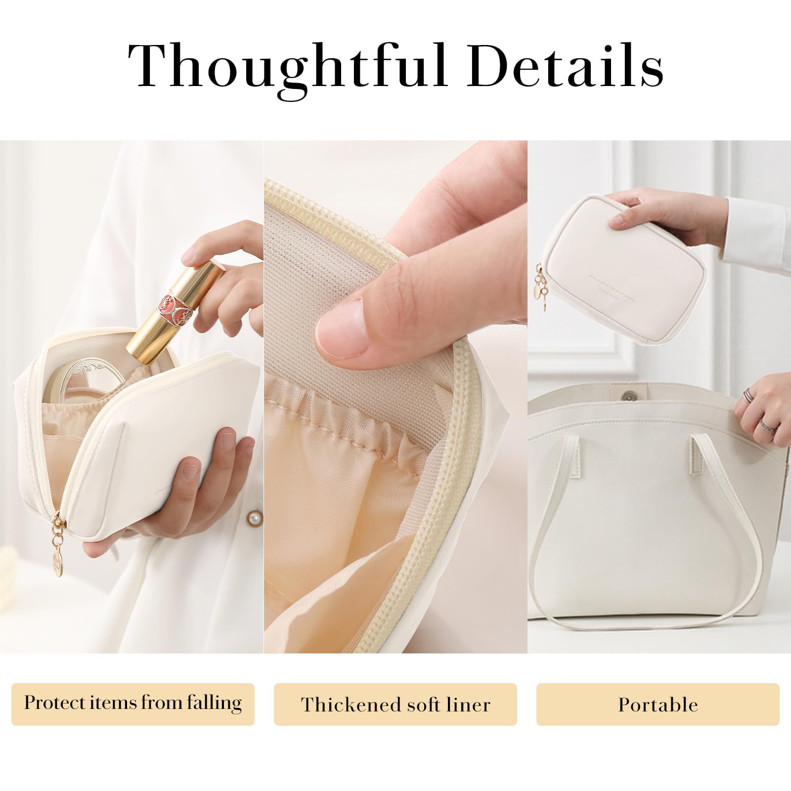 Small Cosmetic Bag Zipper Pouch Travel Makeup Bag with compartments for Women Portable Lipstick Pouch Purse Waterproof Make-up Organizer Great Gifts White - Image 3