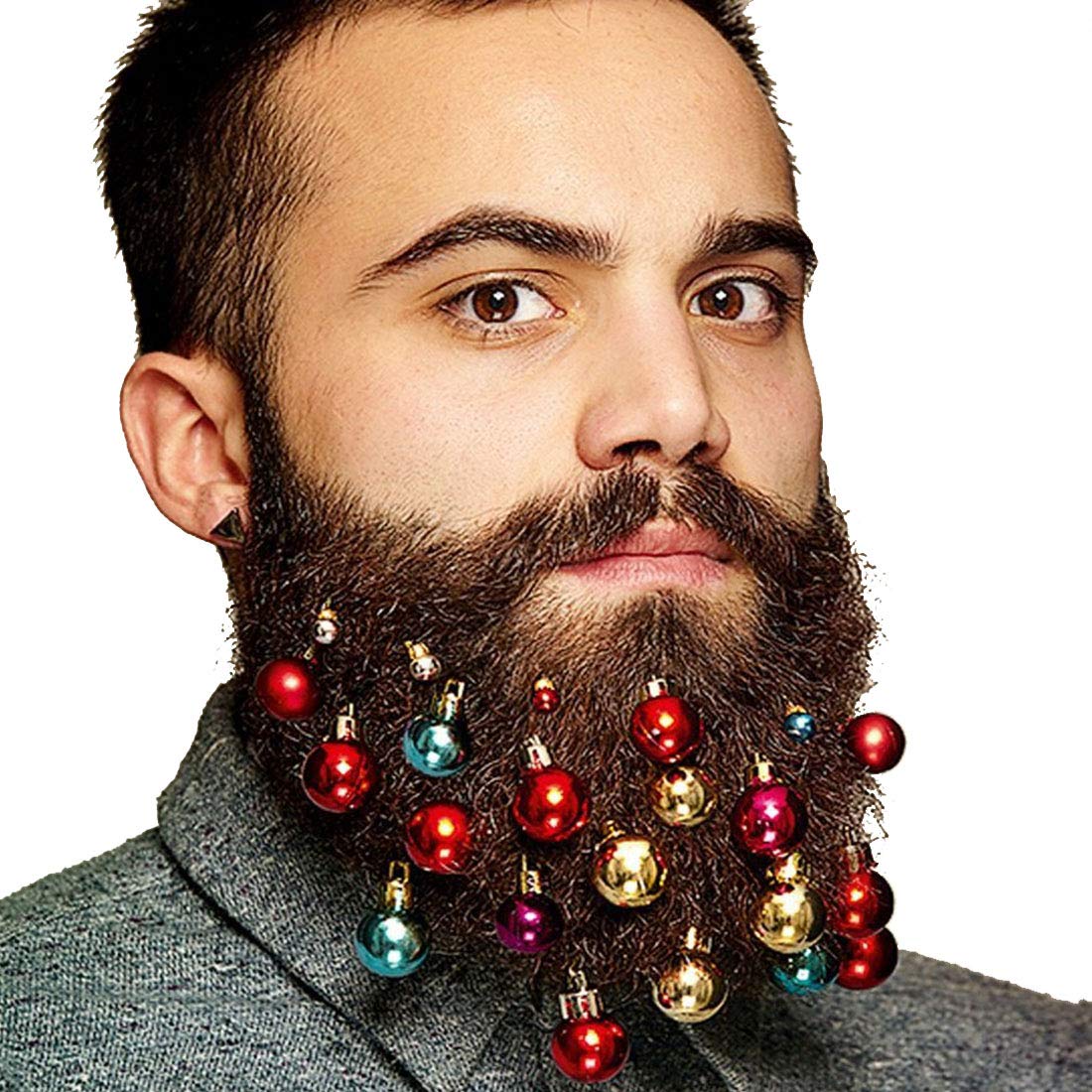 Beard Ornaments 12pc Colorful Christmas Facial Hair Ball Baubles for Santa Claus Beard Clip Men in the Holiday Spirit, 6 Colors of Bulbs and 6 Vibrant Ring Bells