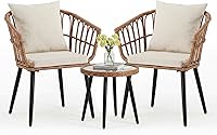 DUMOS 3-Piece Beige PE Rattan Outdoor Bistro Set with Cushions - Steel Frame Patio Table & Chairs for Balcony Porch