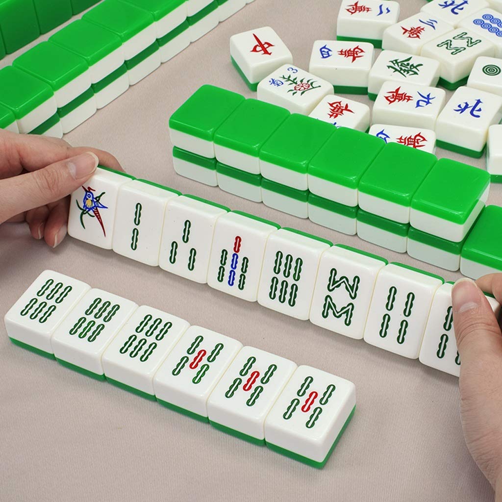 Zestaw Mahjong Zestaw płytek MahJongg Zestaw chińskich gier Mahjong, w tym 144 kości do gry, torba do przechowywania (do gry w stylu chińskim) Zestaw chińskich gier Mahjong (kolor: zielony, rozmiar: