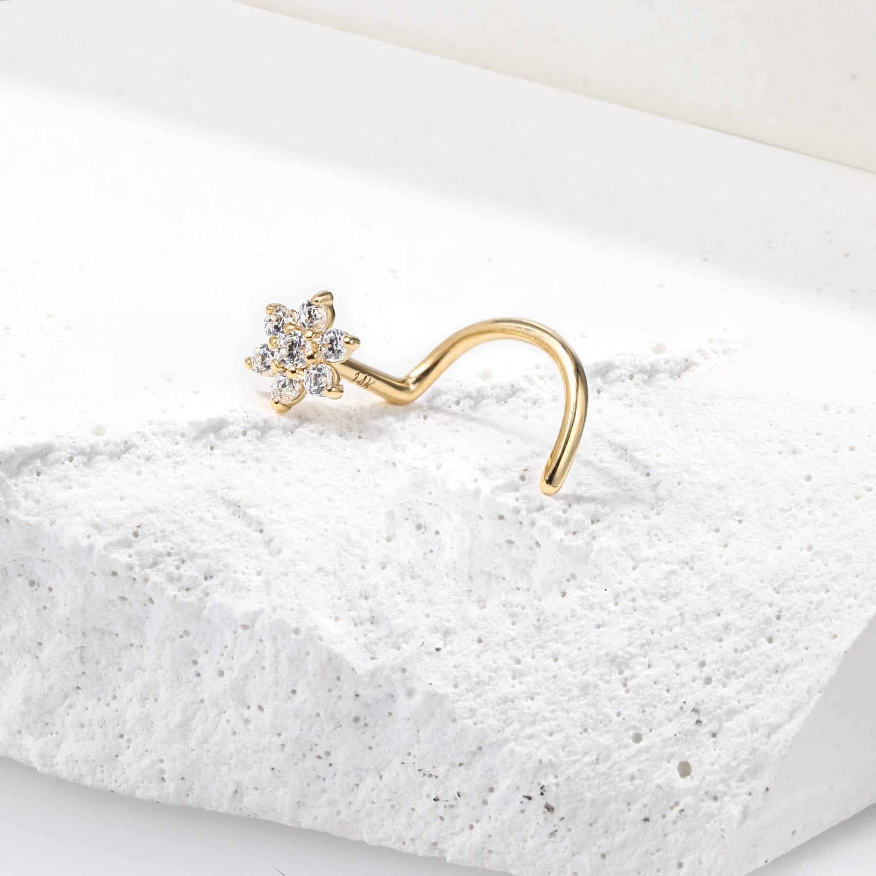 CM Crareesi Mania 14K Solid Yellow Gold Nose Stud 20 Gauge Nose Screw Nose Ring Flower CZ Stone Prong Set 4mm Diamond L Shaped Nostril Nose Piercing Jewellery Real Yellow Gold for Women Men