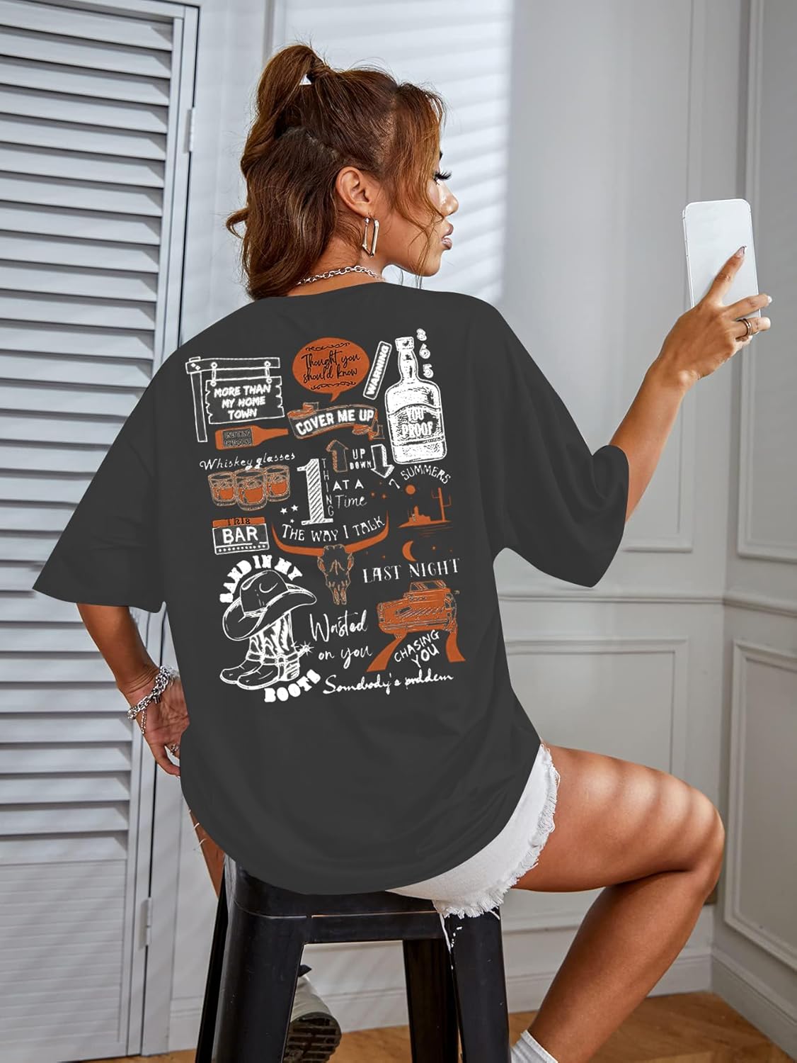 BANGELY Cow Skull Women Oversized Shirt Country Music T-Shirt Vintage Western Graphic Tee 80 90s Music Lover Short Sleeve Top - Image 3