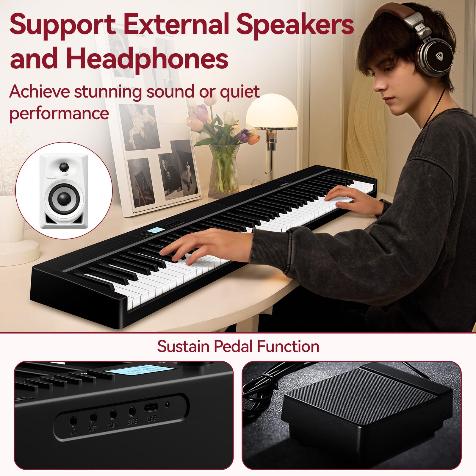 TERENCE Piano numérique, 88 touches lestées, batterie 1800 mAh, Haut - parleur 2 * 5W, pliable et portable, support Bluetooth et interface midi Noir