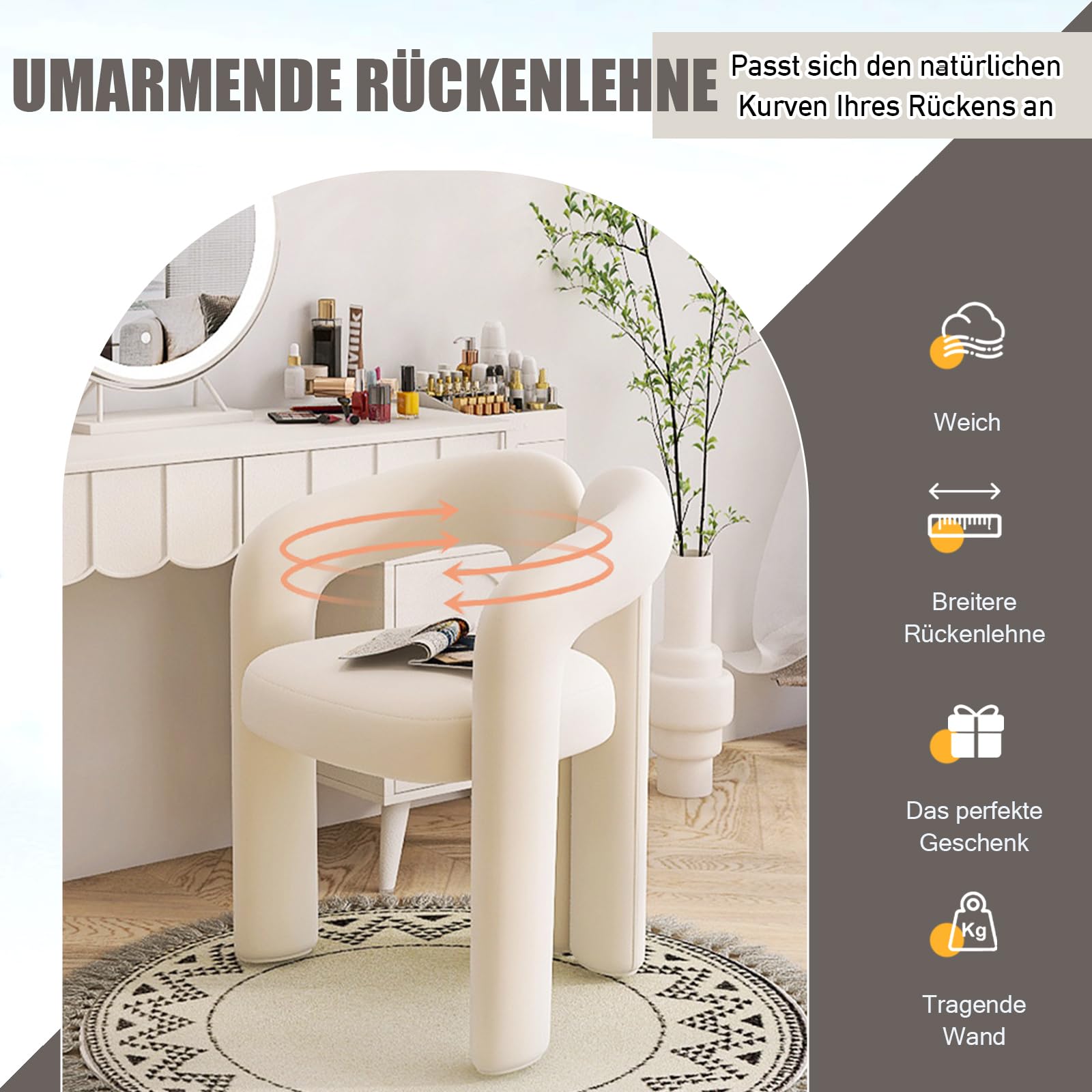 Esszimmerstuhl Samt, Moderner Armlehnstuhl mit gepolsterter (Beige) | Sitzfläche und Metallrahmen, Schminkstuhl, Polsterstuhl bis 100 kg für Esszimmer, Wohnzimmer, Schlafzimmer und Büro