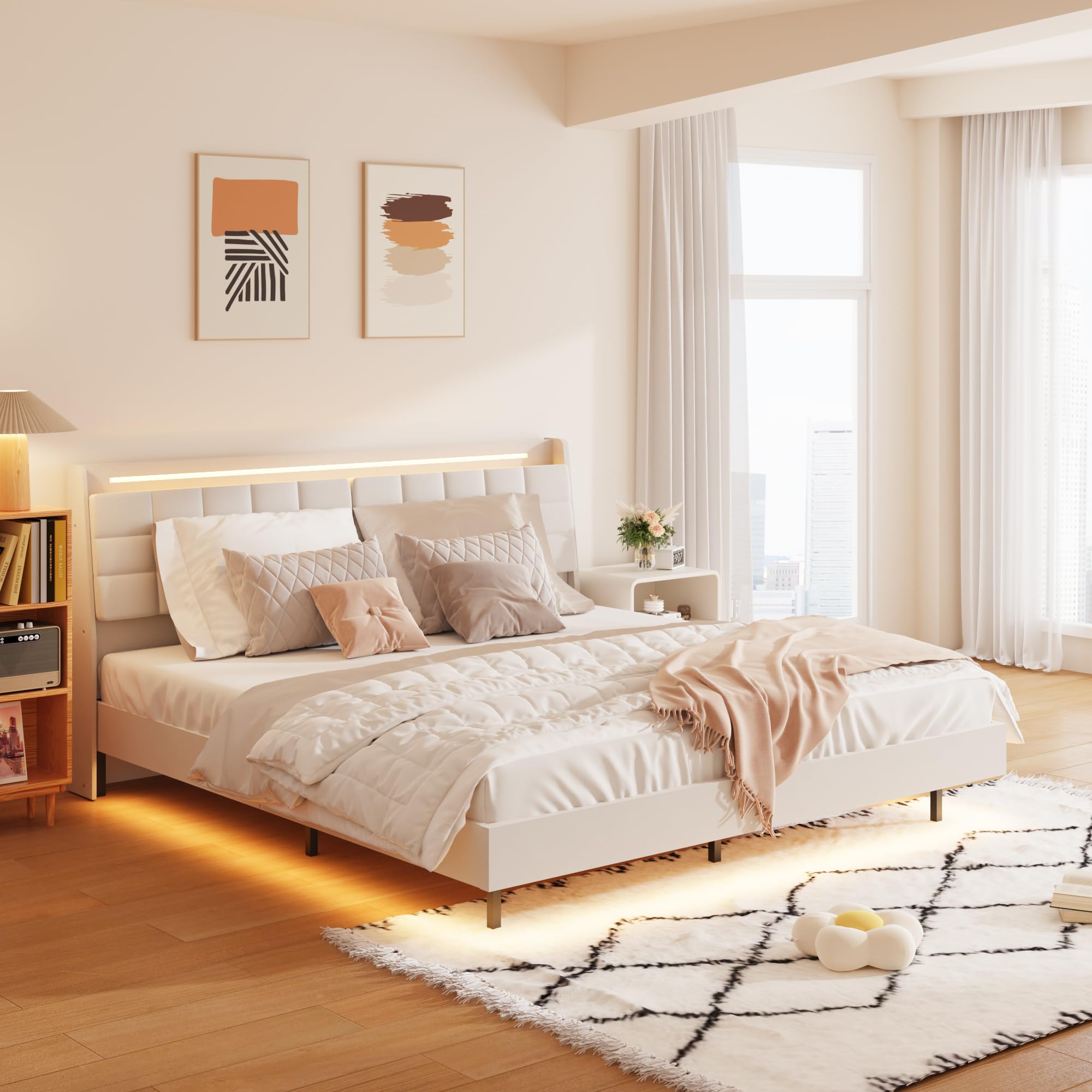Beige King Size Floating Bed Frame with Storage Headboard Velvet Upholstered Metal Platform Bed with LED Light and