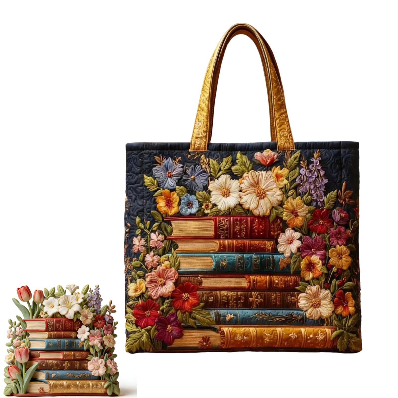 Vintage Book Quilted Tote Bag Women Lightweight Travel Bag Cotton Shoulder Tote Bag For Shopping Grocery & Beach Bag (D 1PCS)