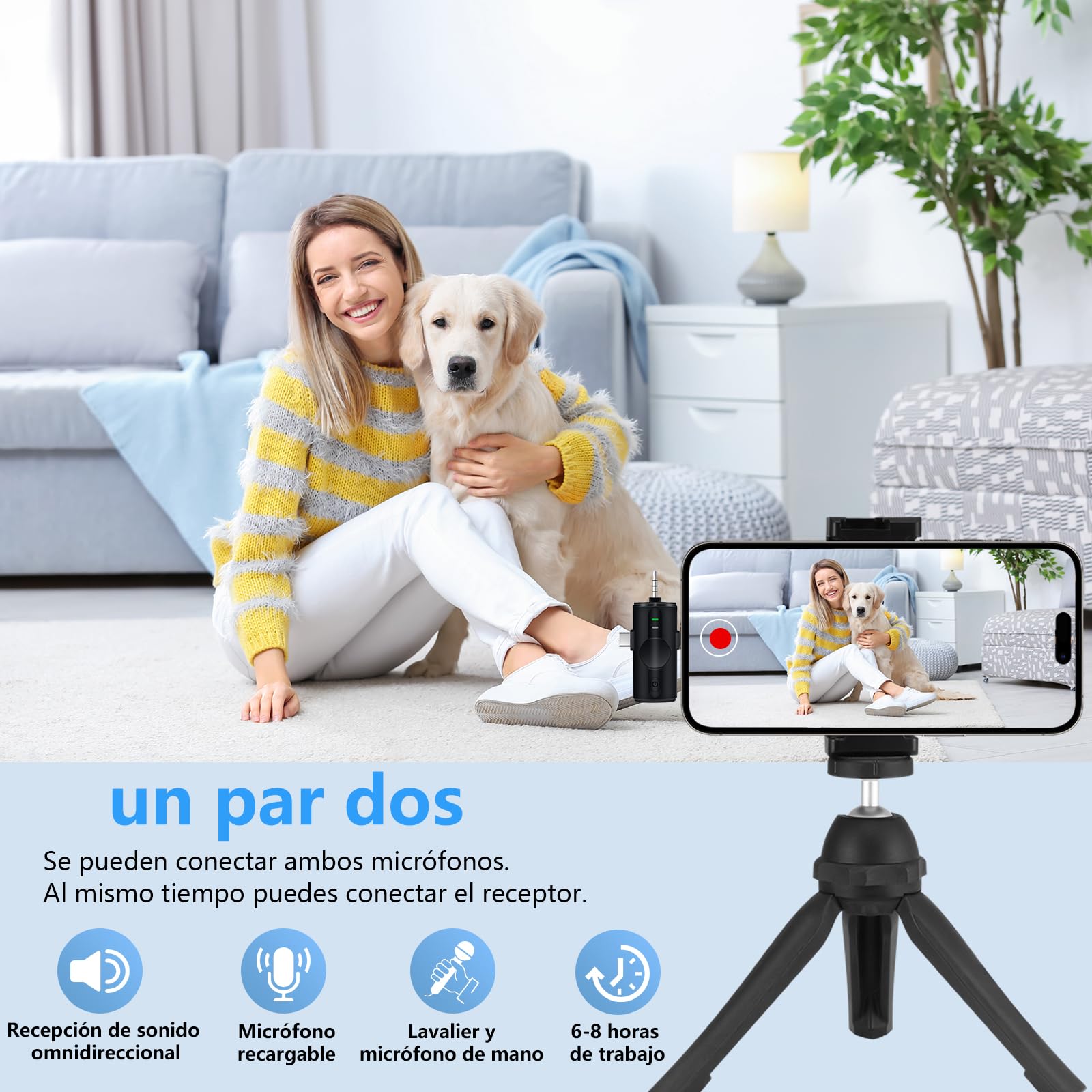 Micrófono-Lavalier-Inalámbrico, Microfono de Solapa 4 en 1 Mini Micrófono Inalámbrico Teléfono Móvil para iPhone/Android/PC, Microfono Plug-Play Inalambrico para Grabaciones TikTok Transmisión en Vivo