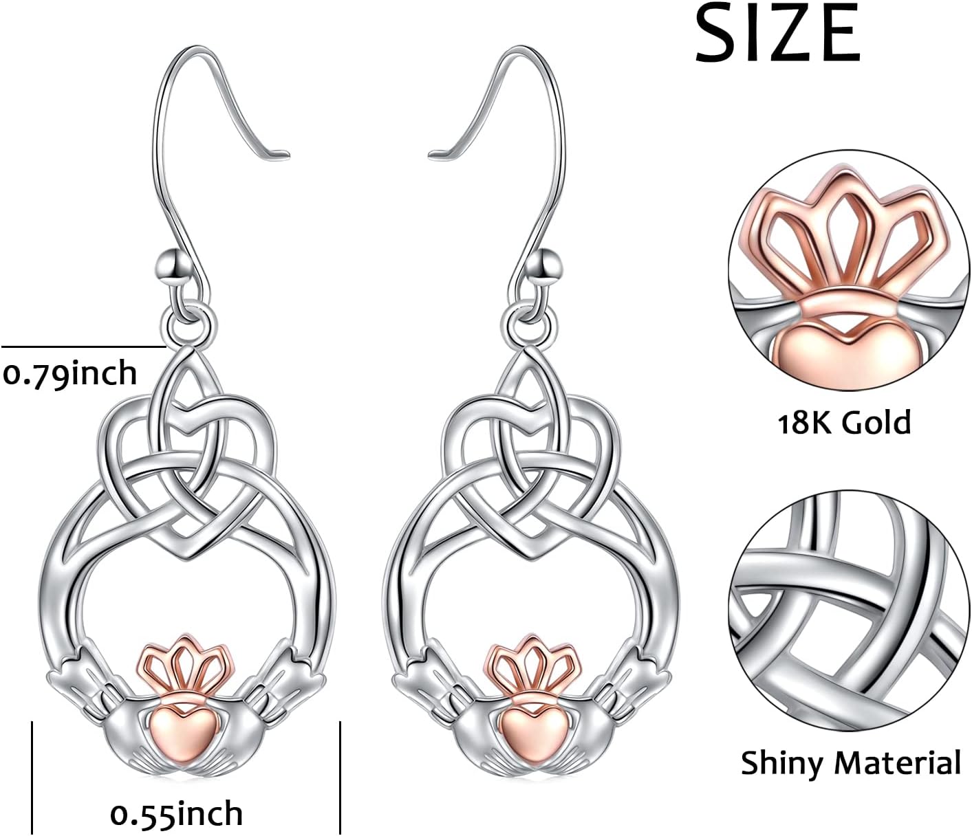 925 Sterling Silver Earrings for Women Celtic Knot Hypoallergenic Dangle Drop Wire Earrings Claddagh Rose Gold Friendship Jewelry Birthday Christmas Gift - Image 6
